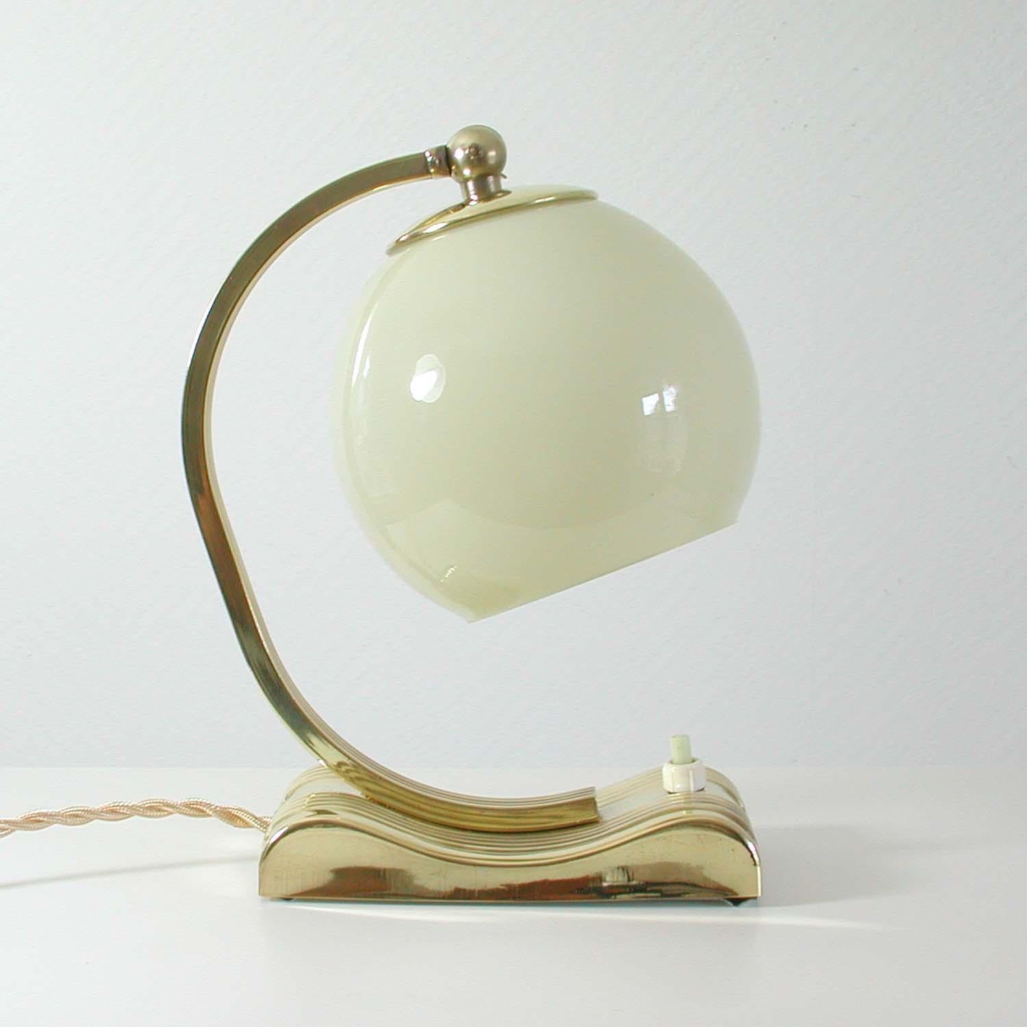 Art Deco Vintage Brass and Opal Glass Table or Bedside Lamp, Germany, 1930s