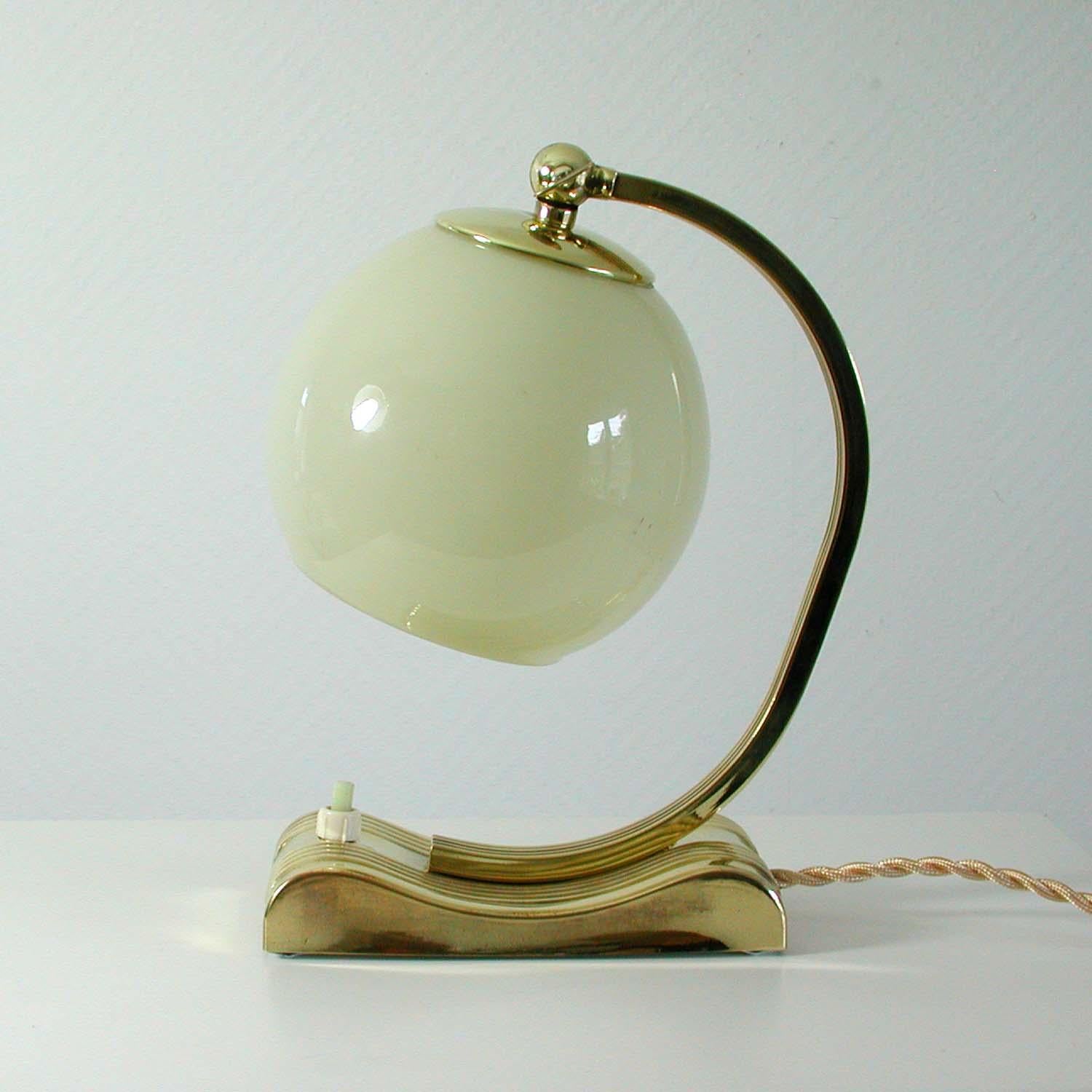 Vintage Brass and Opal Glass Table or Bedside Lamp, Germany, 1930s In Good Condition In NUEMBRECHT, NRW