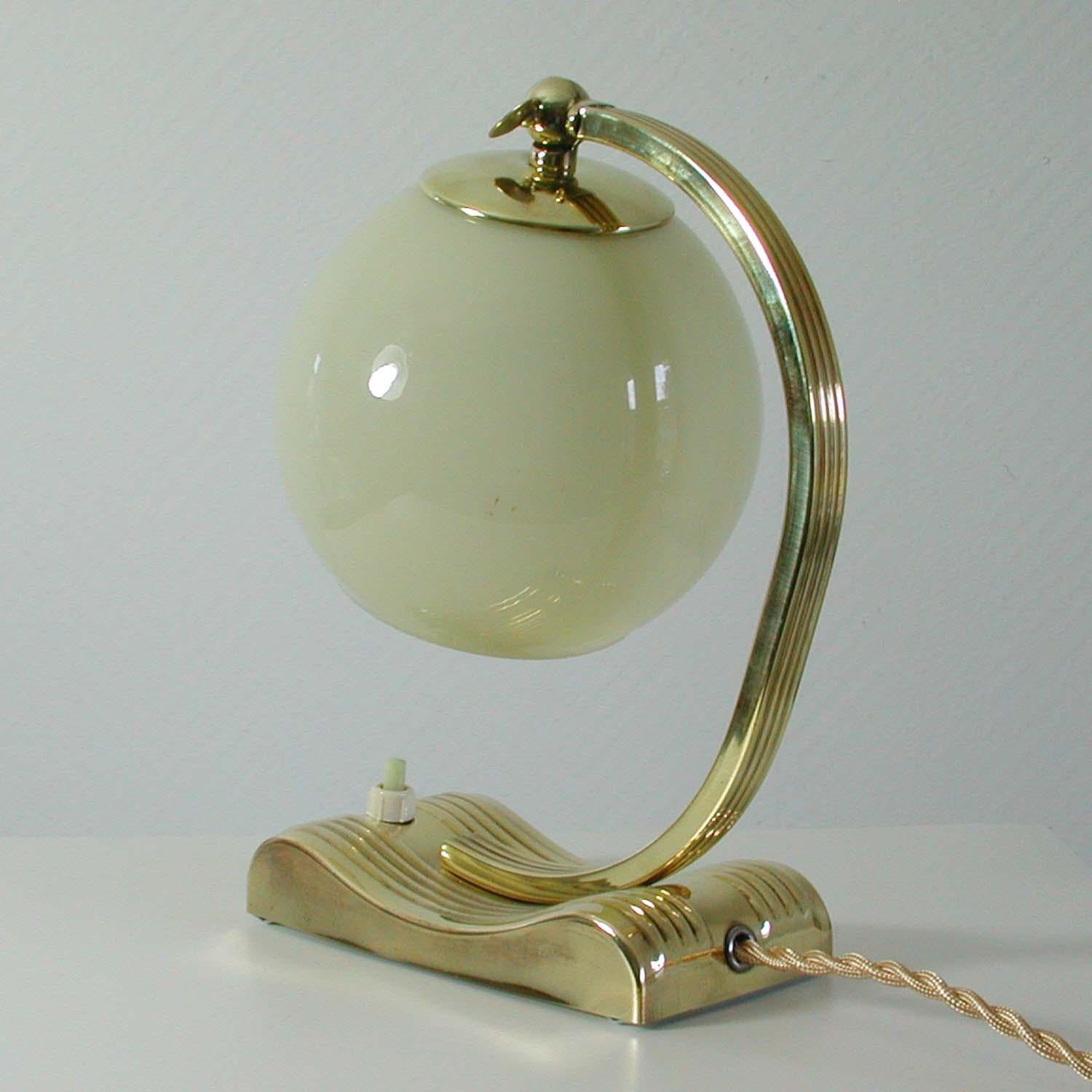 Mid-20th Century Vintage Brass and Opal Glass Table or Bedside Lamp, Germany, 1930s