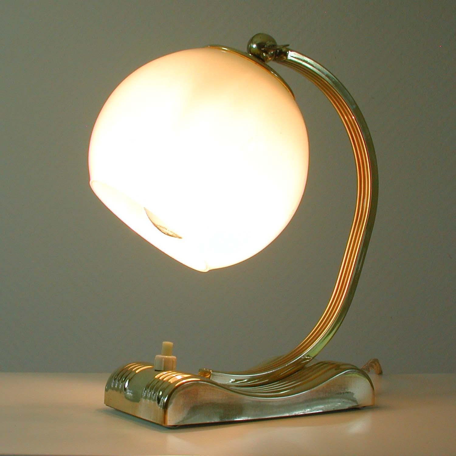 Vintage Brass and Opal Glass Table or Bedside Lamp, Germany, 1930s 4