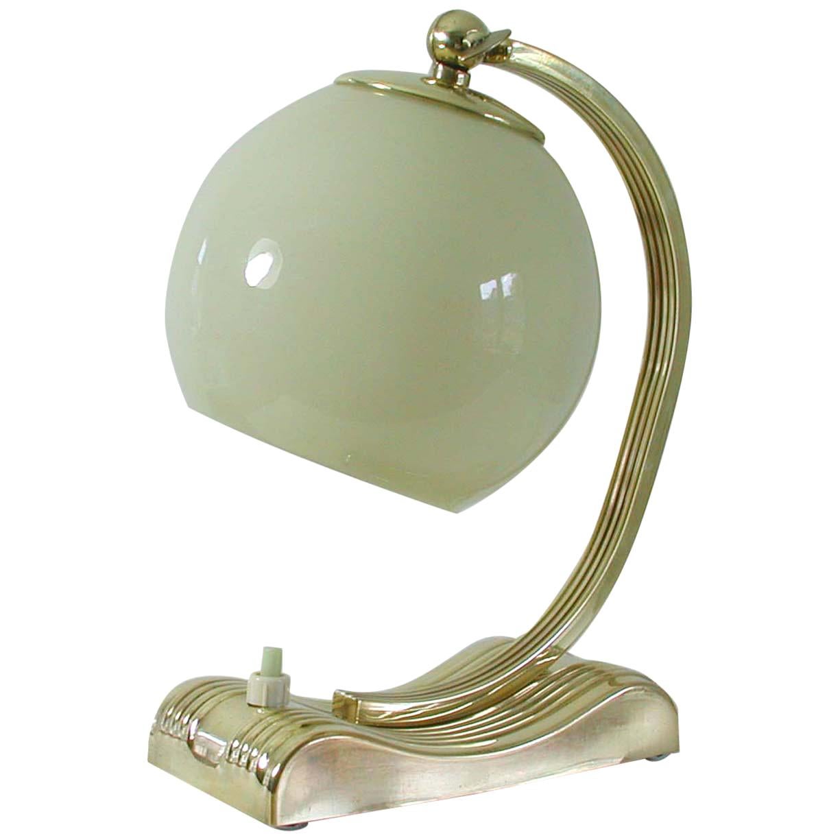 Vintage Brass and Opal Glass Table or Bedside Lamp, Germany, 1930s