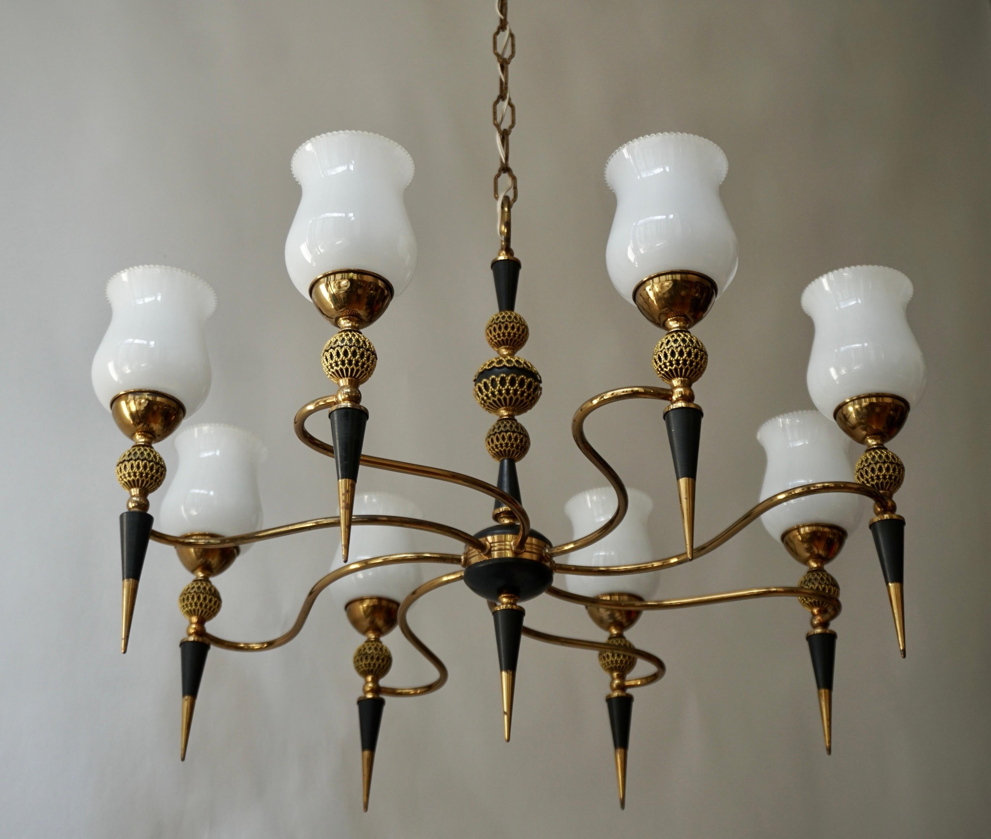 Italian Vintage Brass and Opaline Glass Chandelier Italy 1950s For Sale