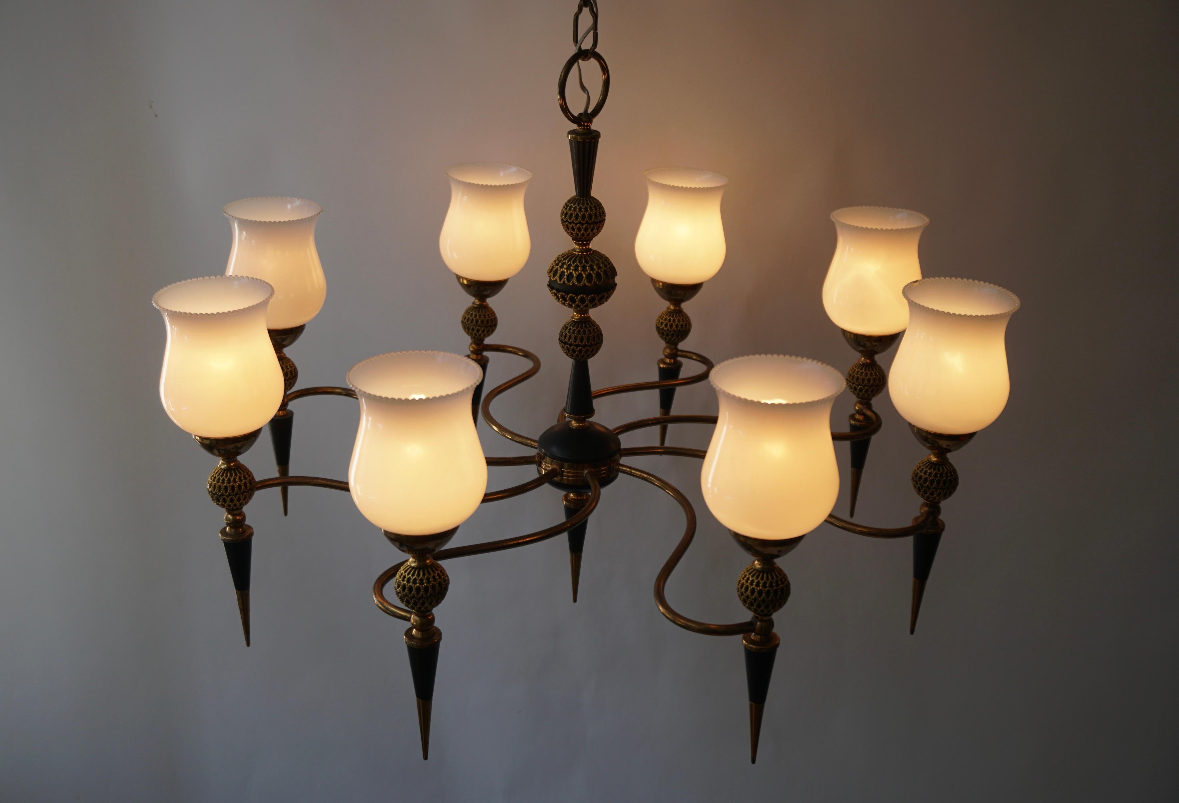 Vintage Brass and Opaline Glass Chandelier Italy 1950s For Sale 1