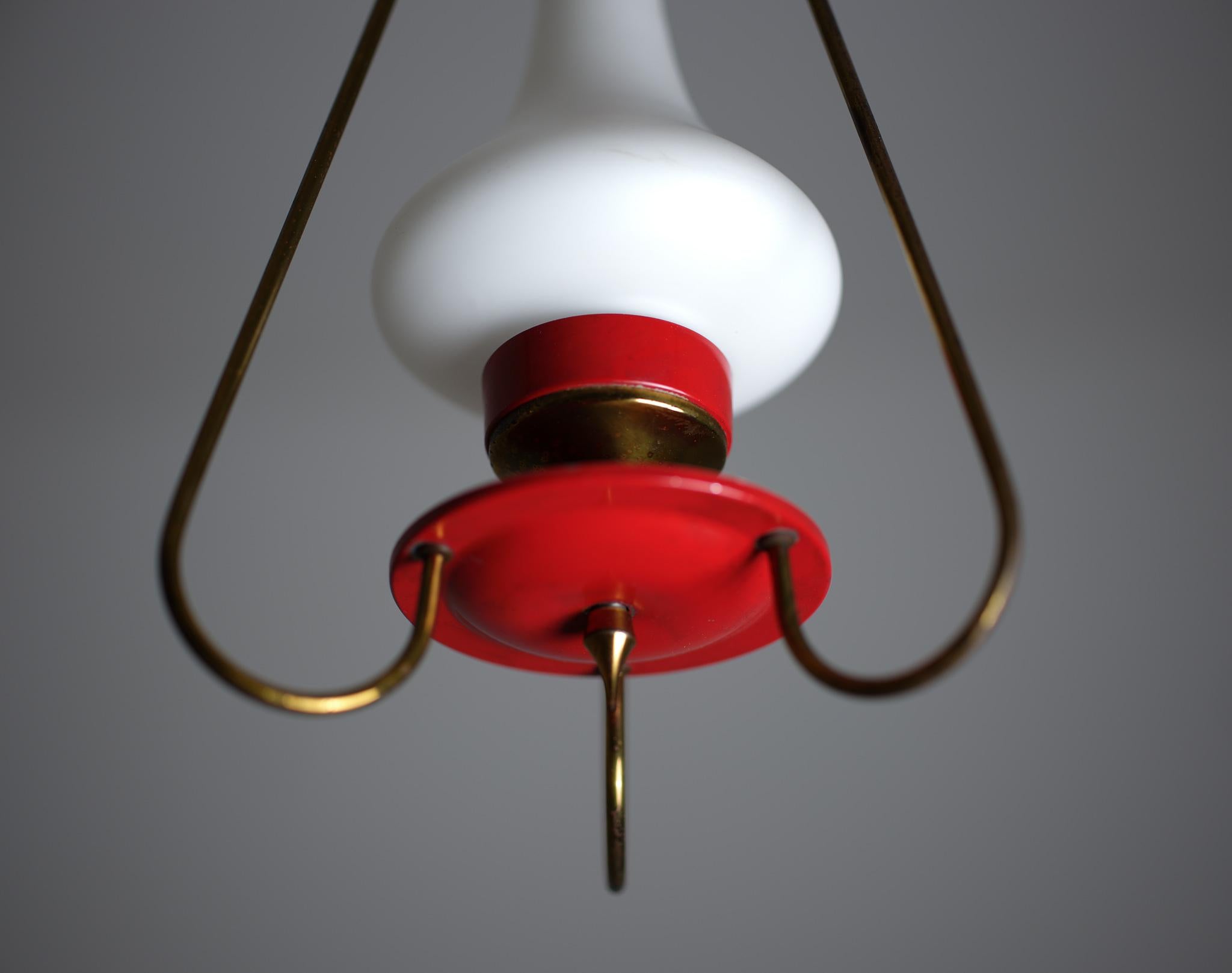 Italian Vintage Brass and Red Lacquered Metal Pendant Chandelier with Opaline Glass Shad For Sale