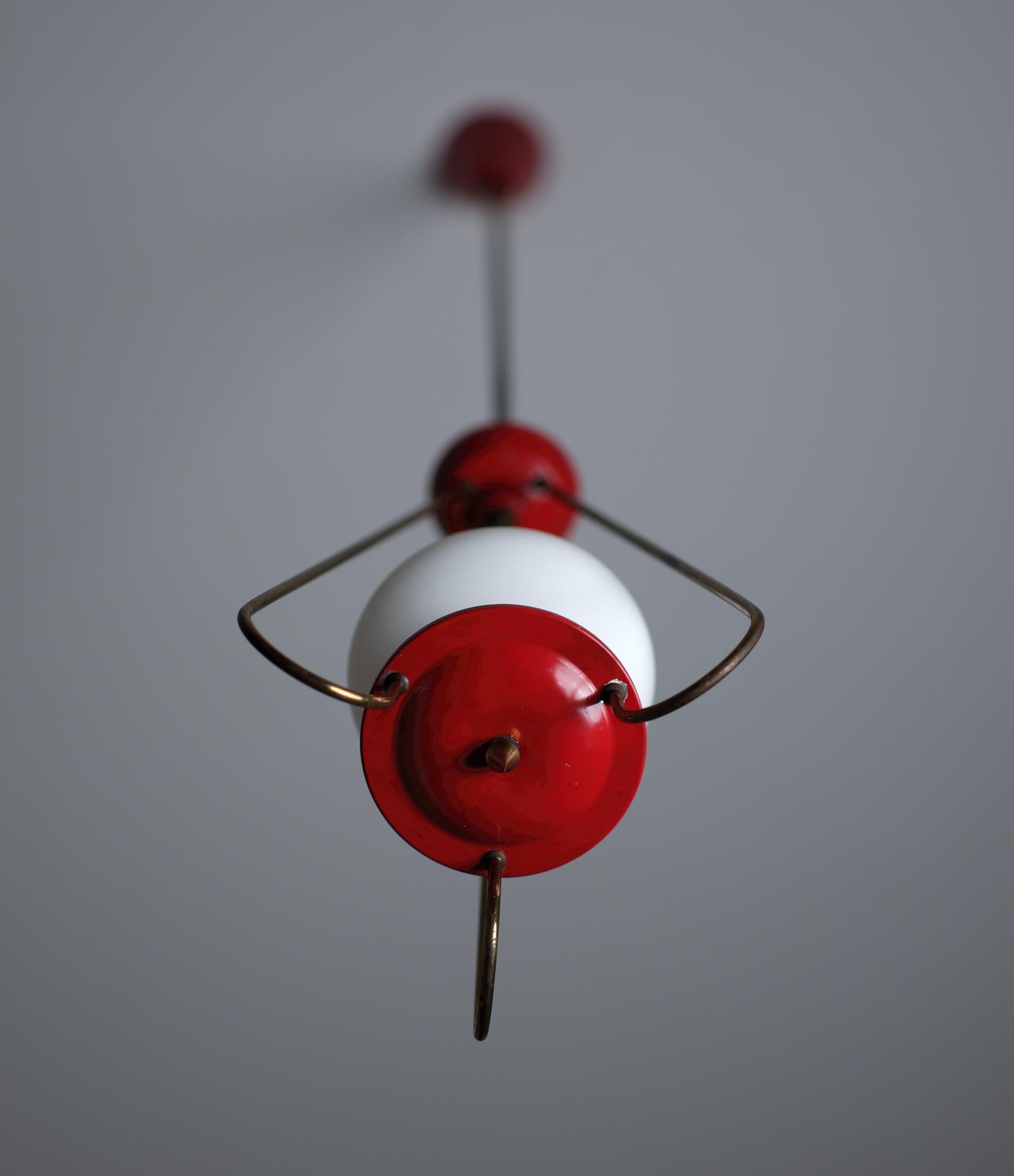 Mid-20th Century Vintage Brass and Red Lacquered Metal Pendant Chandelier with Opaline Glass Shad For Sale