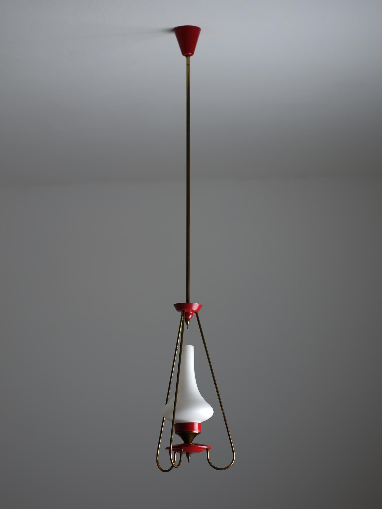 Vintage Brass and Red Lacquered Metal Pendant Chandelier with Opaline Glass Shad For Sale 1