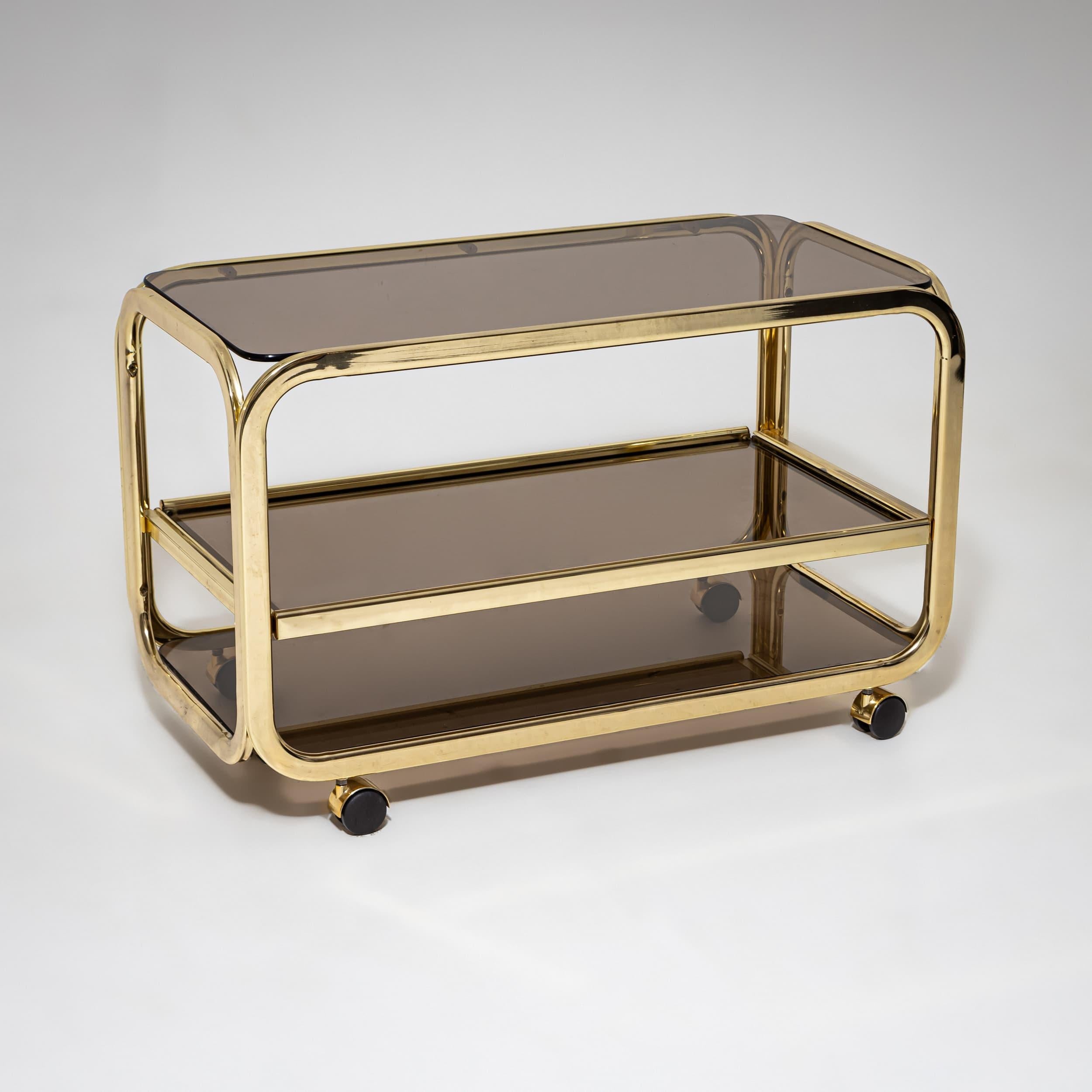Vintage Barwagen aus Messing und Rauchglas, 1980er Jahre (Moderne) im Angebot