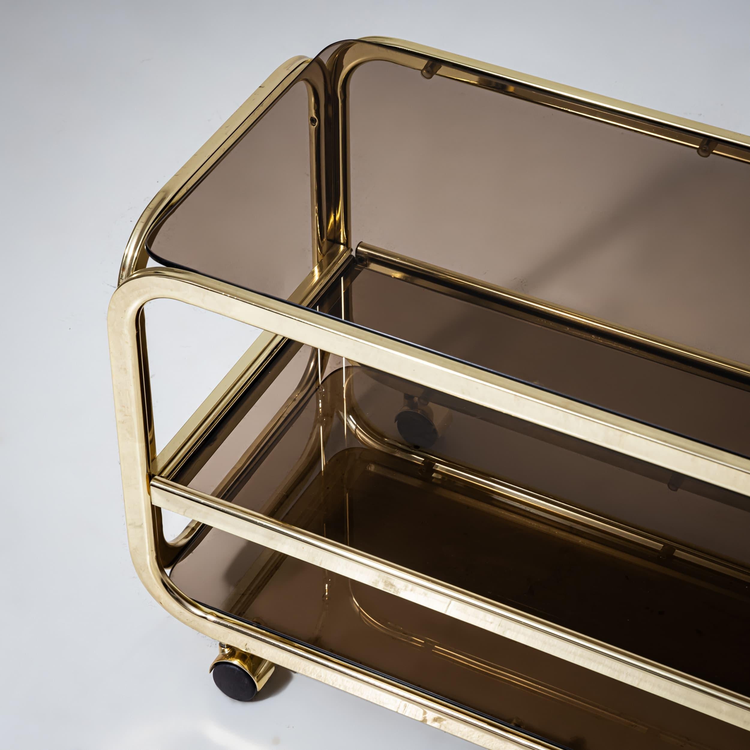 Vintage Barwagen aus Messing und Rauchglas, 1980er Jahre im Angebot 3