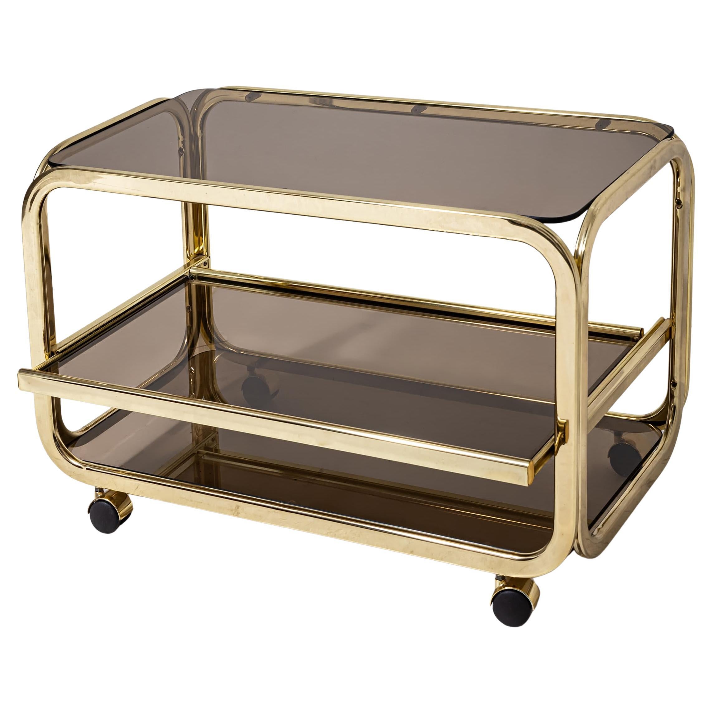 Vintage Barwagen aus Messing und Rauchglas, 1980er Jahre im Angebot