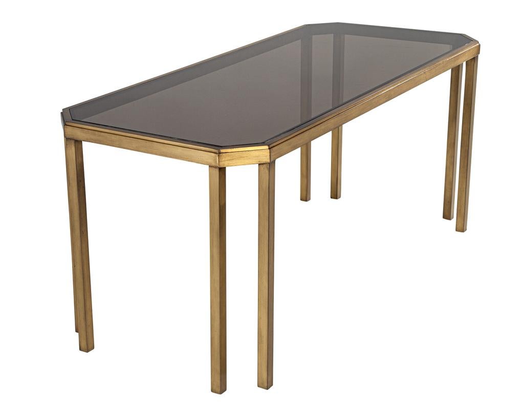 Modern Vintage Brass and Smoked Glass Console Table For Sale