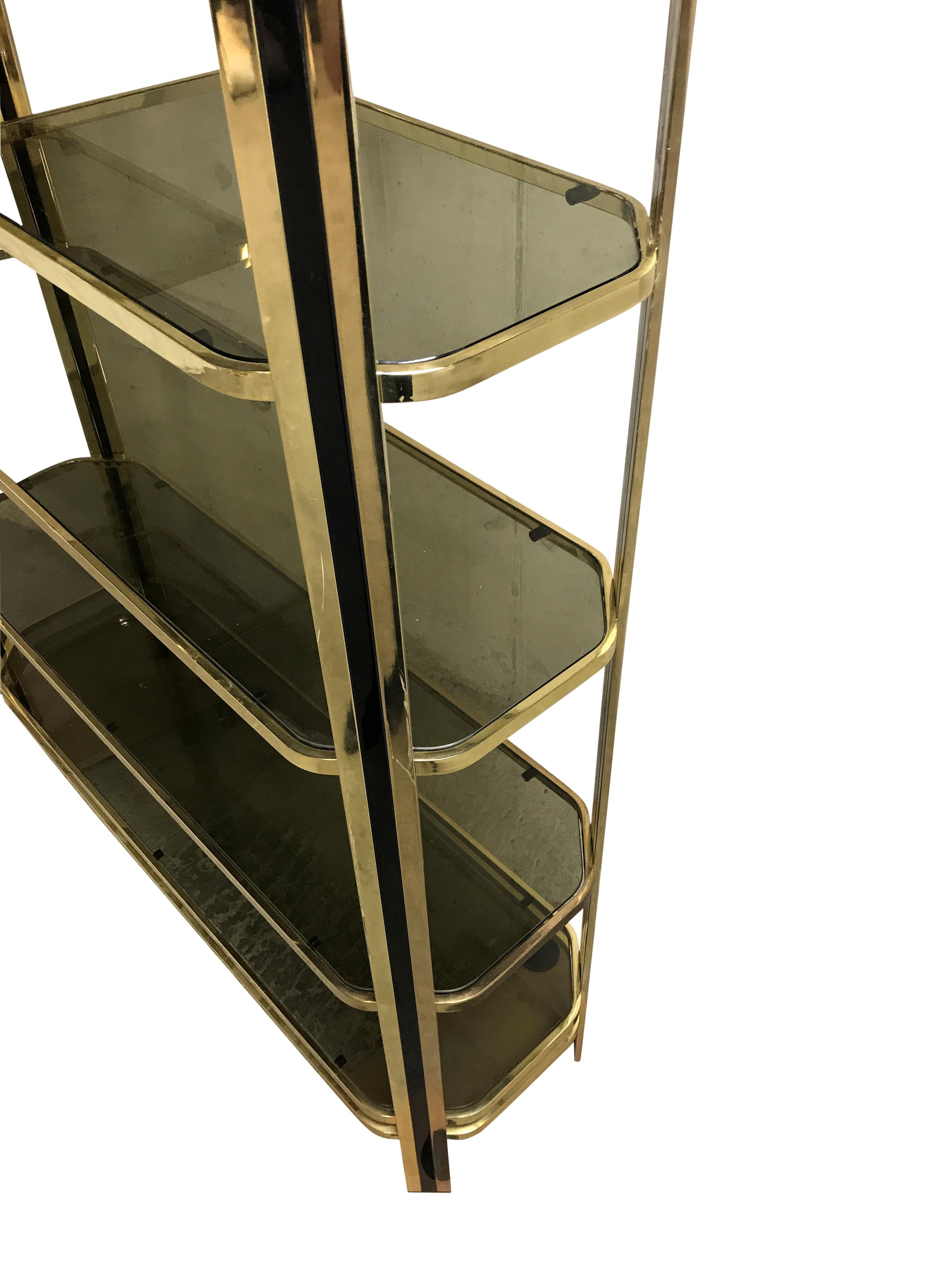 Hollywood Regency Vintage Brass and Smoked Glass Shelving Unit, 1970s