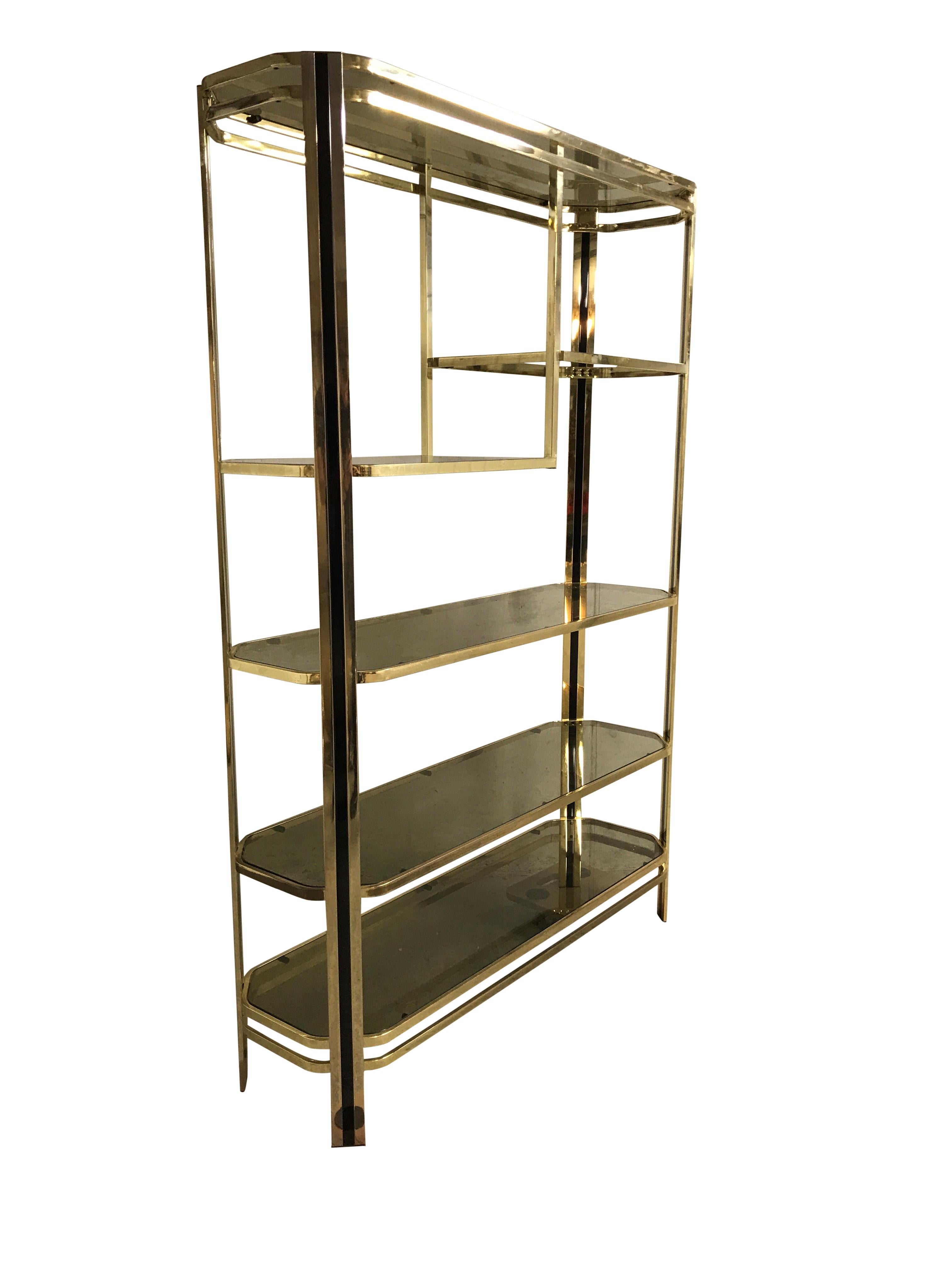 Belgian Vintage Brass and Smoked Glass Shelving Unit, 1970s