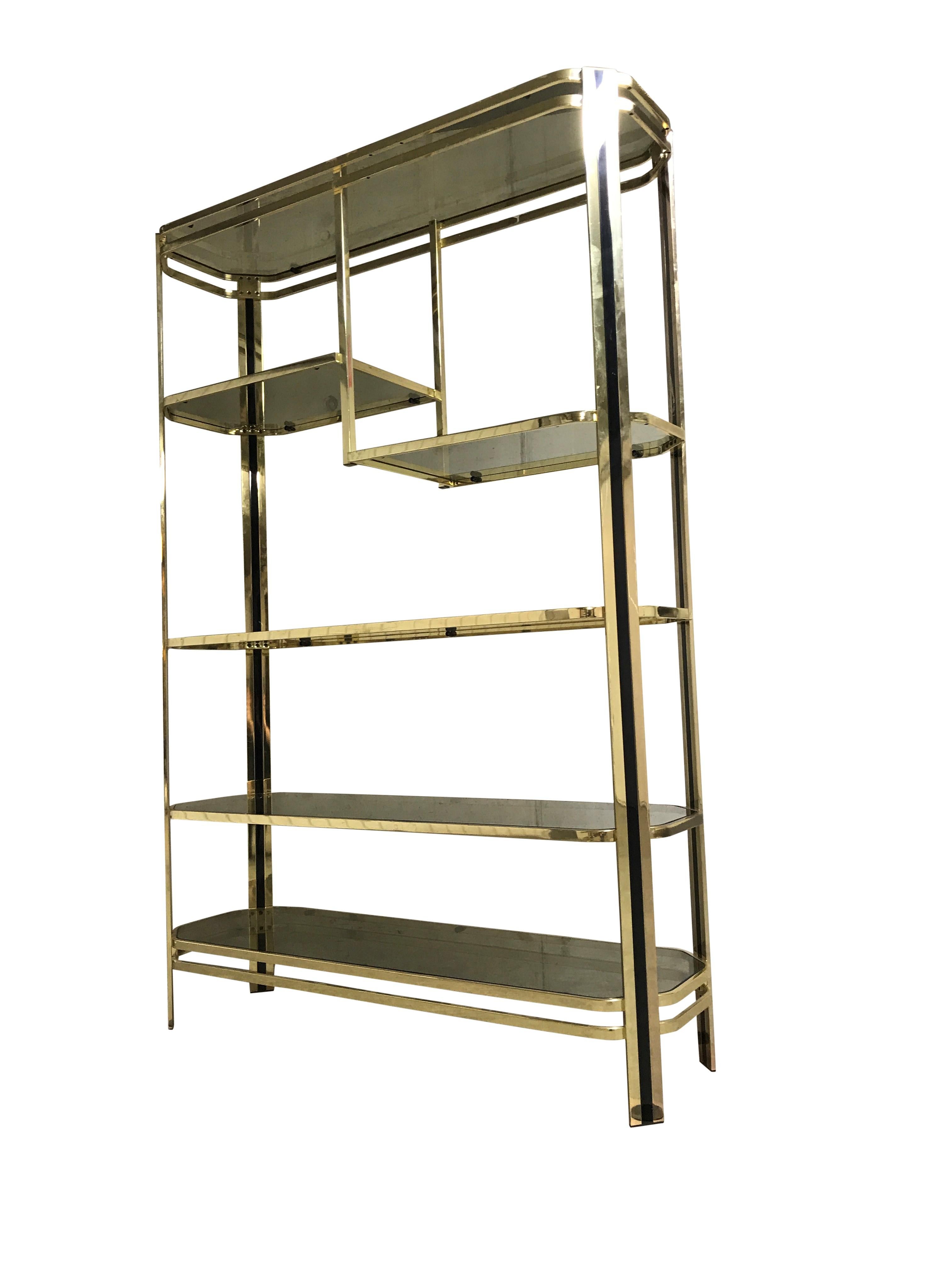 Vintage Brass and Smoked Glass Shelving Unit, 1970s In Good Condition In HEVERLEE, BE