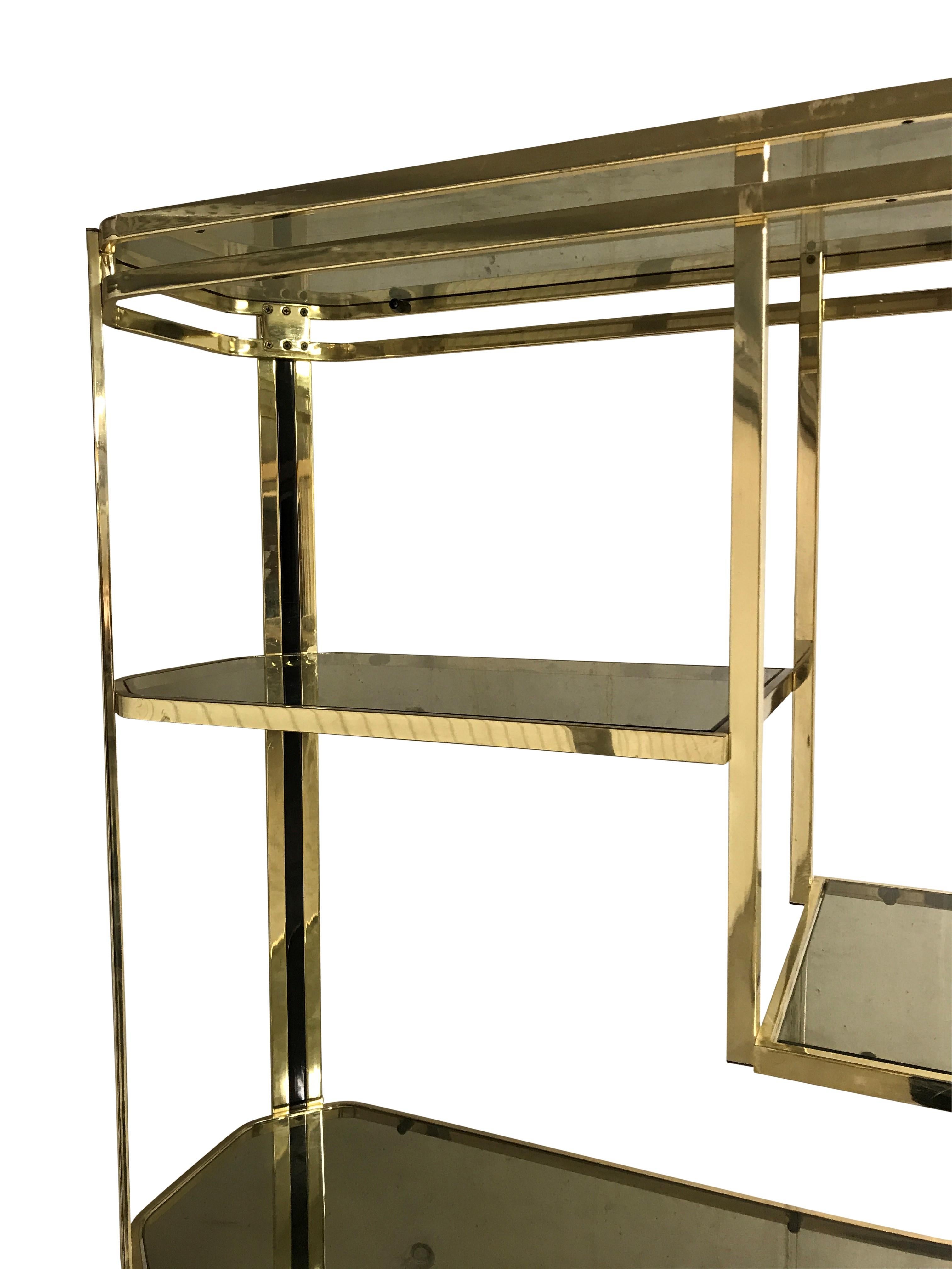 Vintage Brass and Smoked Glass Shelving Unit, 1970s 1