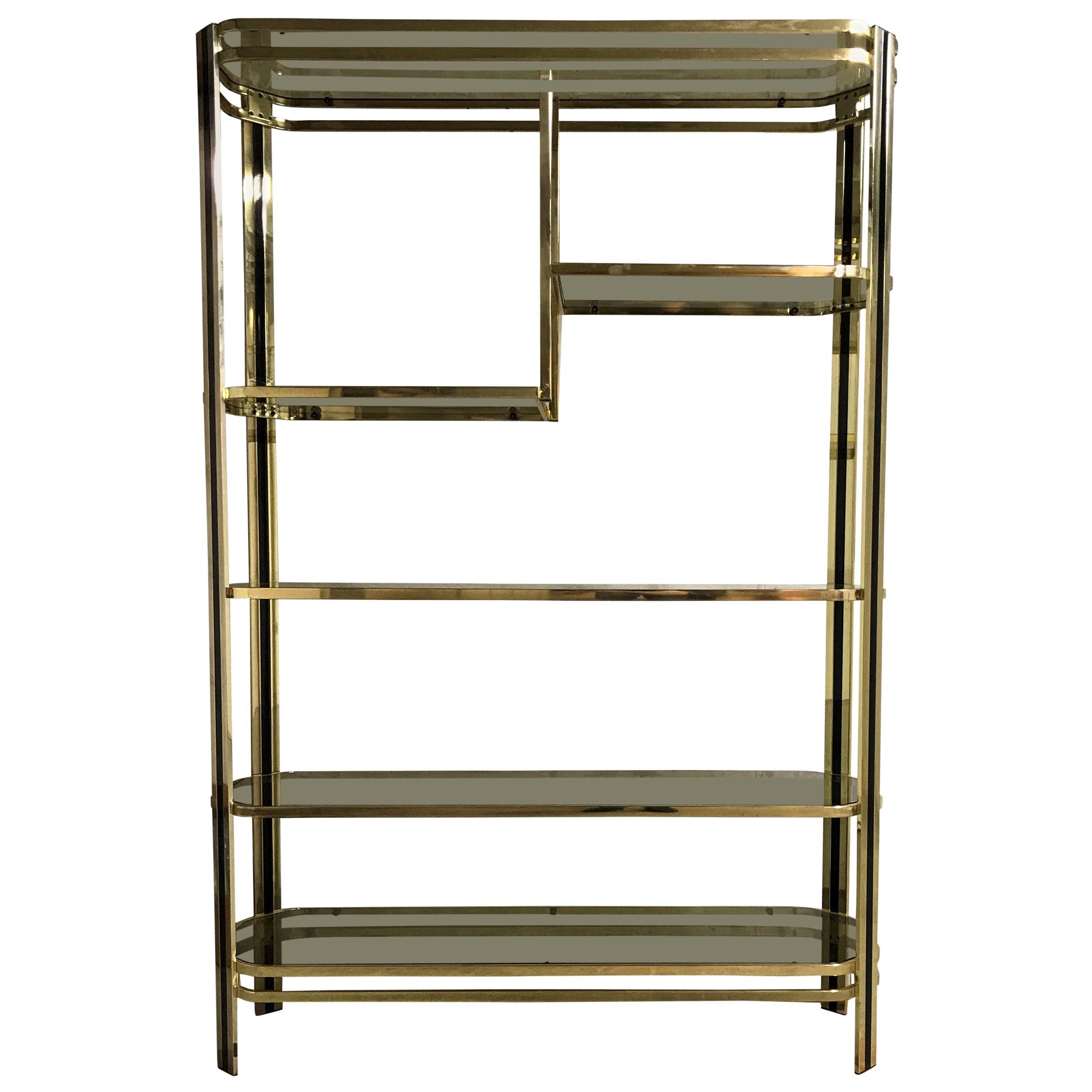 Vintage Brass and Smoked Glass Shelving Unit, 1970s