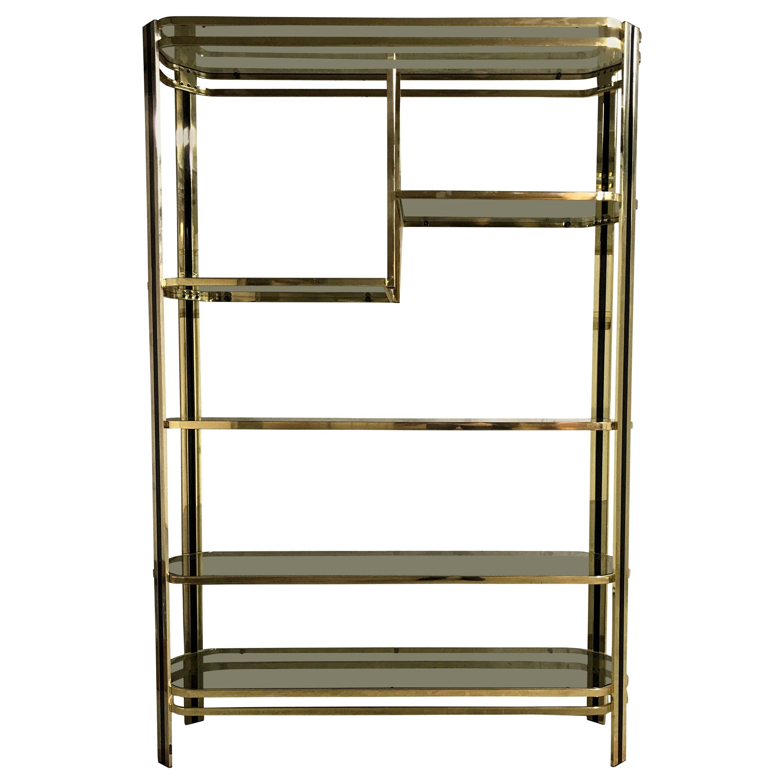 Vintage Brass and Smoked Glass Shelving Unit, 1970s