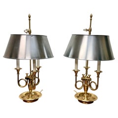 Vintage Brass and Steel Bouillotte Lamps with Triple Horn Base, 1960s