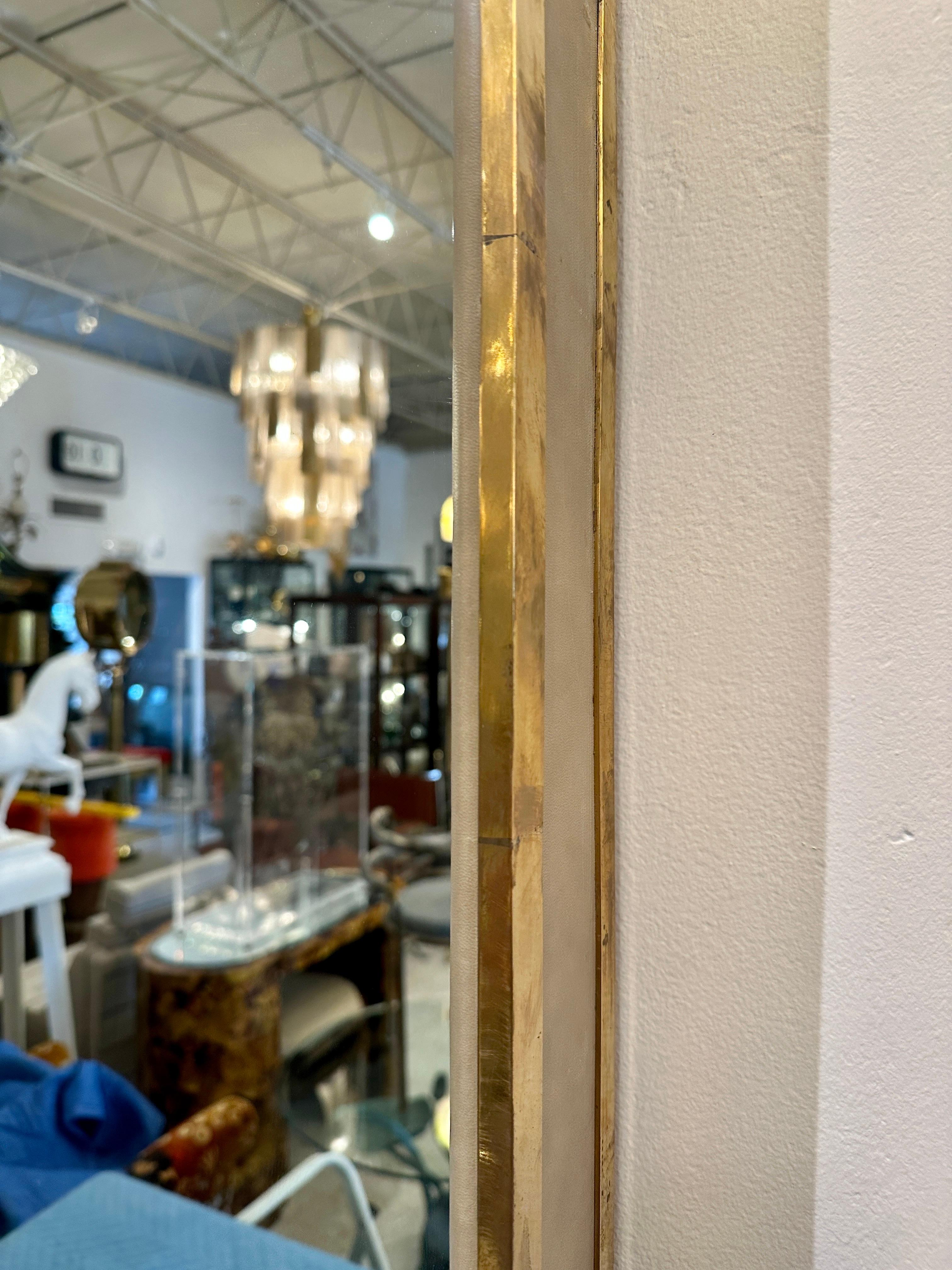 Mid-Century Modern Vintage Brass and Stitched Leather Frame Oversized Mirror For Sale