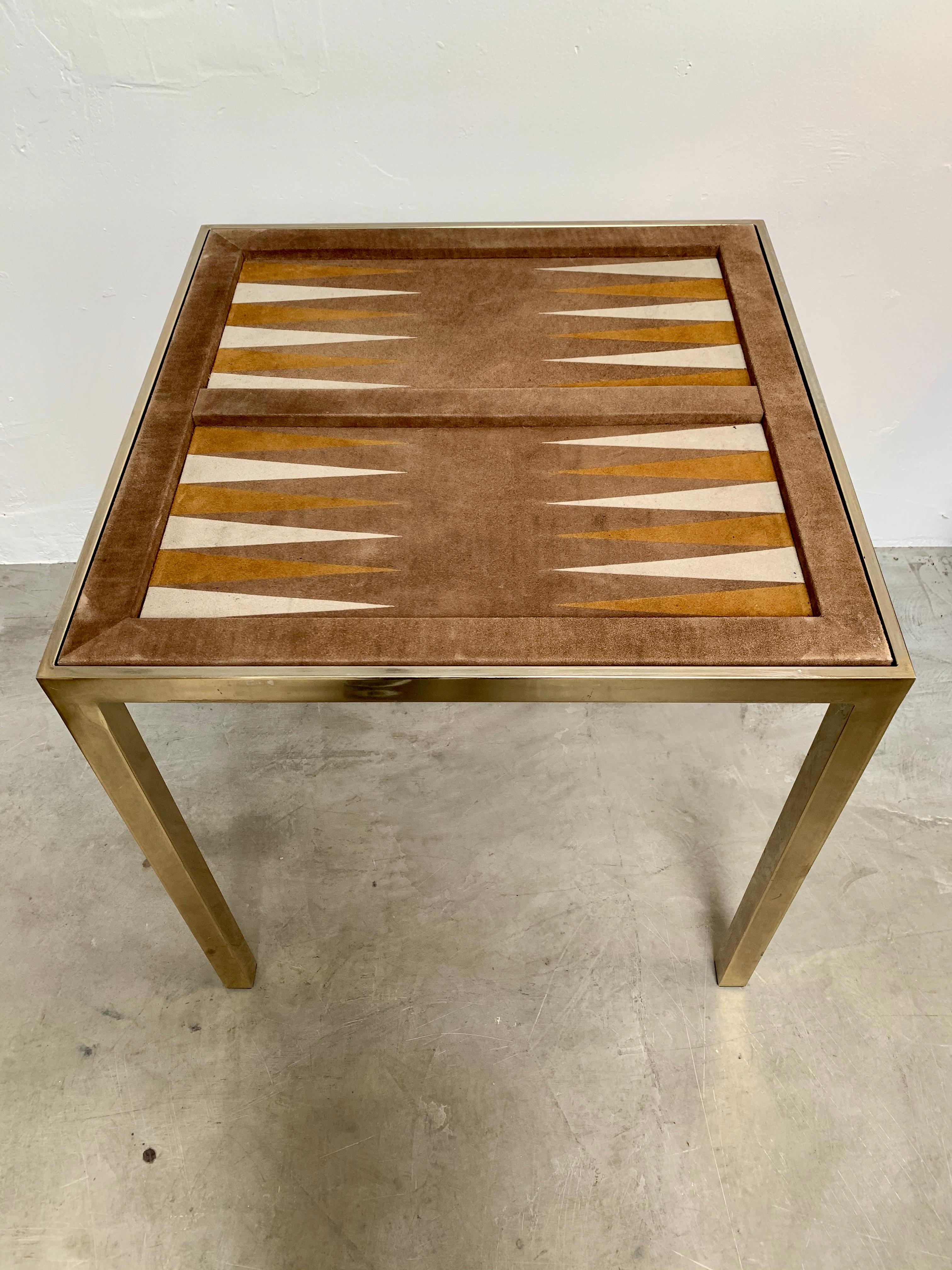 Vintage Brass and Suede Backgammon Table by Milo Baughman 4