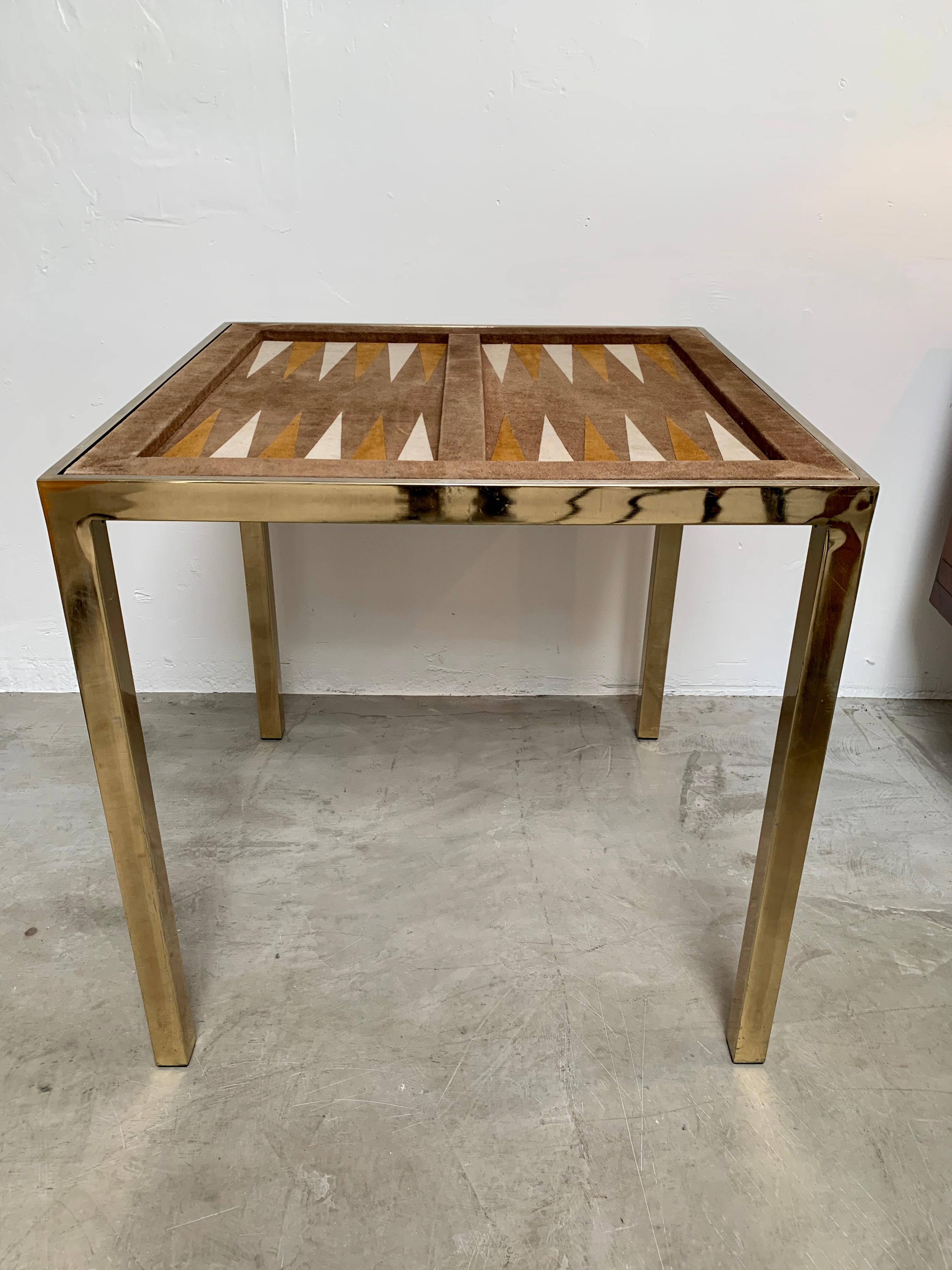 American Vintage Brass and Suede Backgammon Table by Milo Baughman