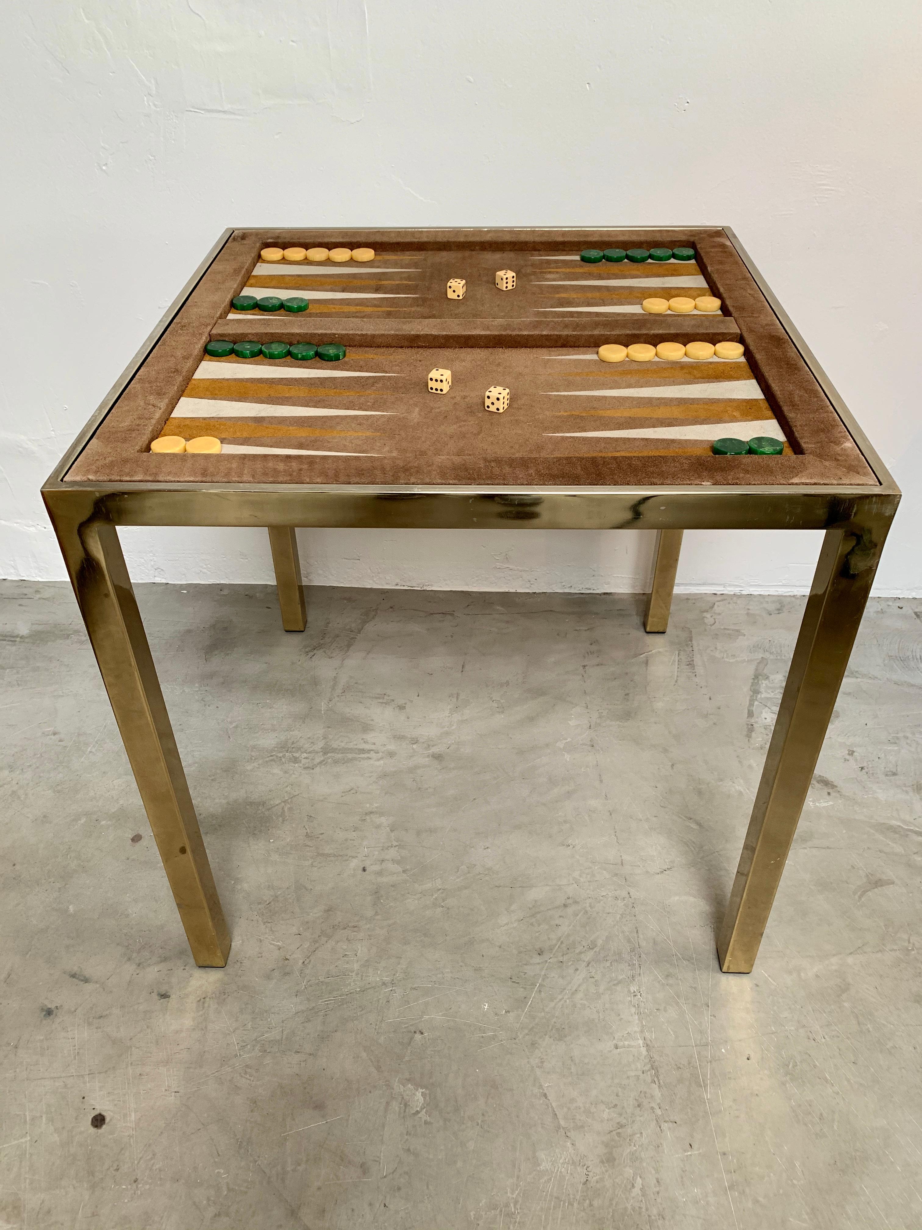 Vintage Brass and Suede Backgammon Table by Milo Baughman In Good Condition In Los Angeles, CA
