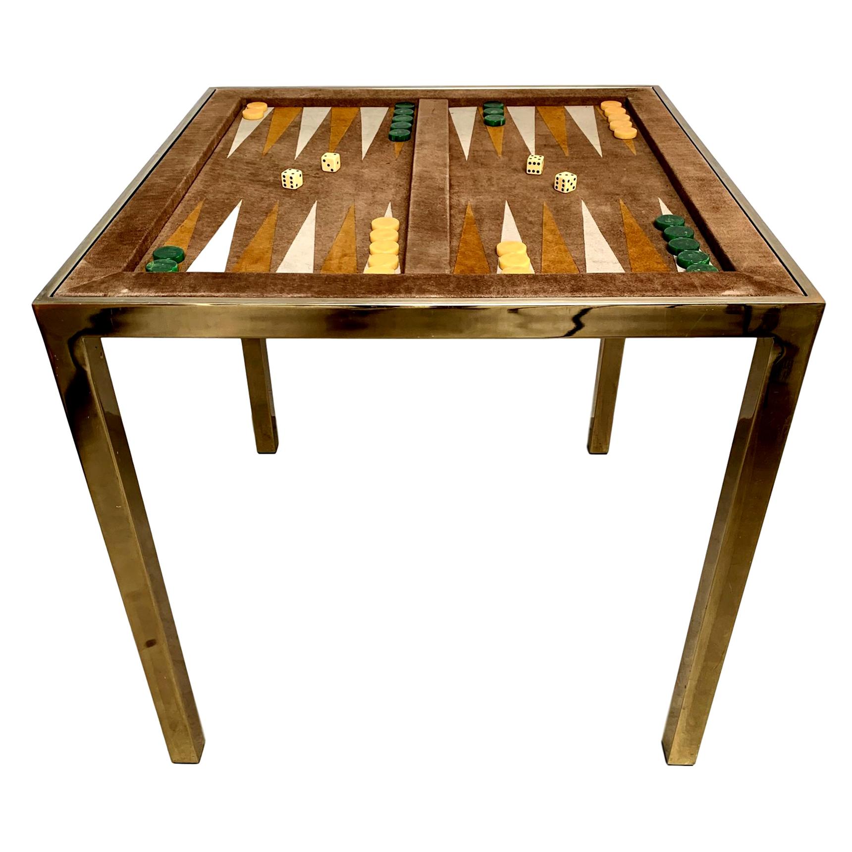 Vintage Brass and Suede Backgammon Table by Milo Baughman