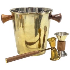 Vintage Brass and Teak Champagne Cooler with Barware Tools, c. 1970's