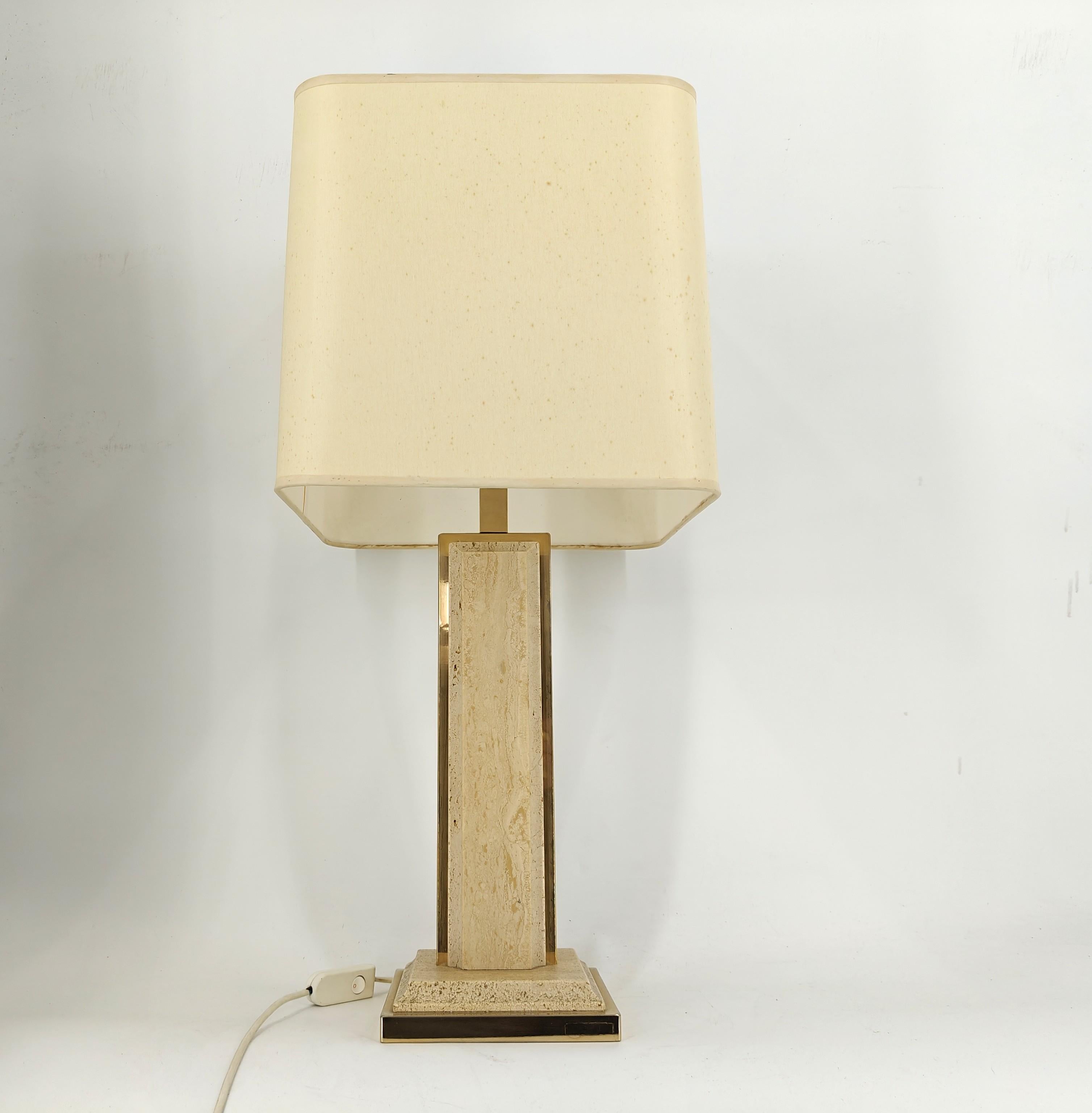 Hollywood Regency Vintage brass and travertine table lamp by Fedam, 1970s For Sale