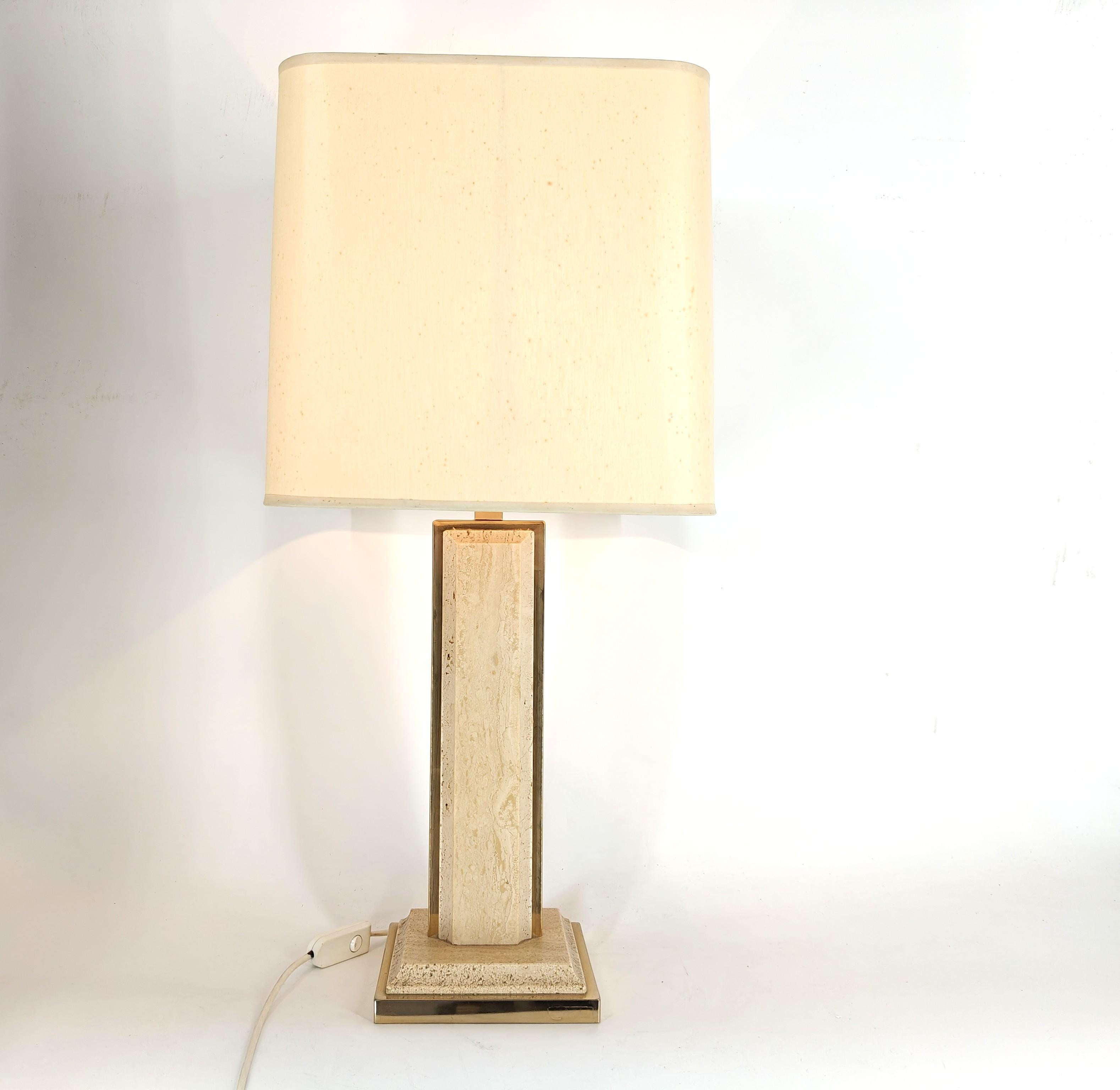 Brass Vintage brass and travertine table lamp by Fedam, 1970s For Sale