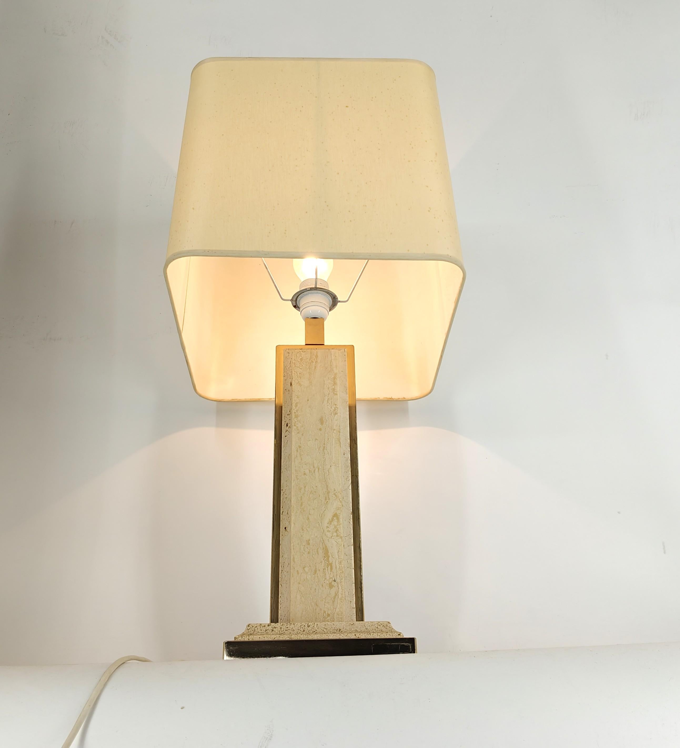 Vintage brass and travertine table lamp by Fedam, 1970s For Sale 1