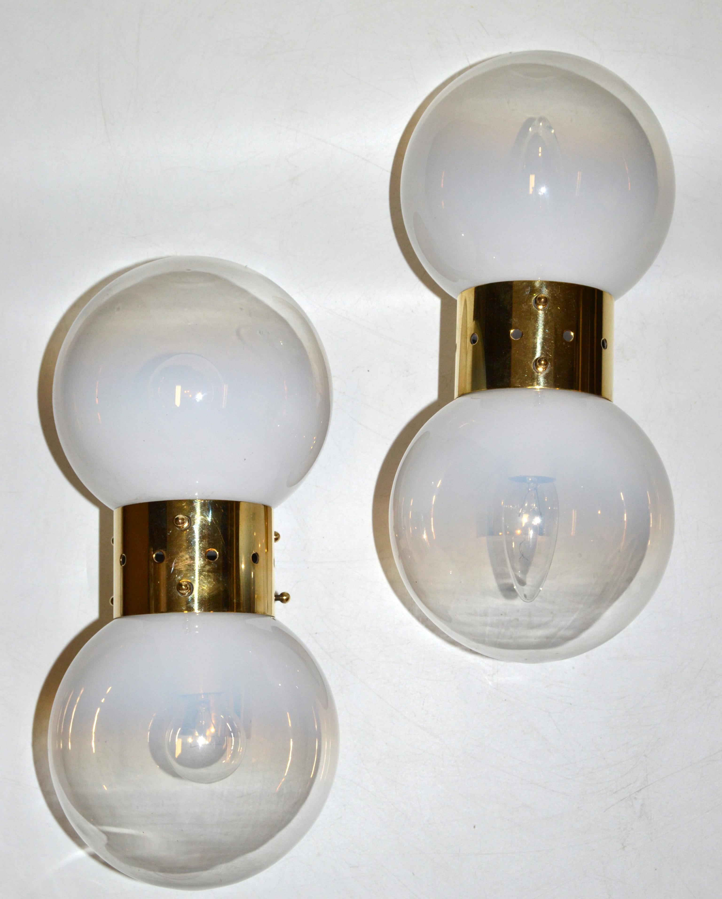 Vintage Brass and Two Light Blown Murano Glass Sconces Made in Italy For Sale 9