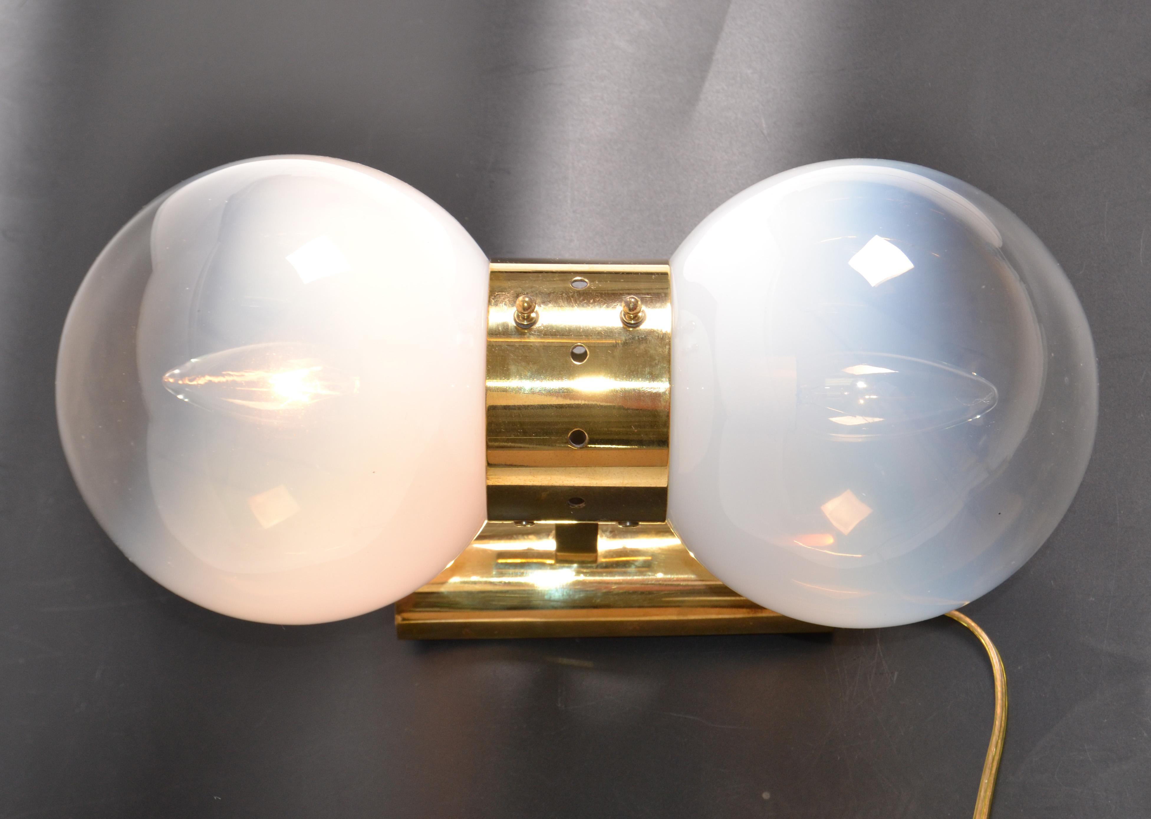 Art Deco Vintage Brass and Two Light Blown Murano Glass Sconces Made in Italy For Sale