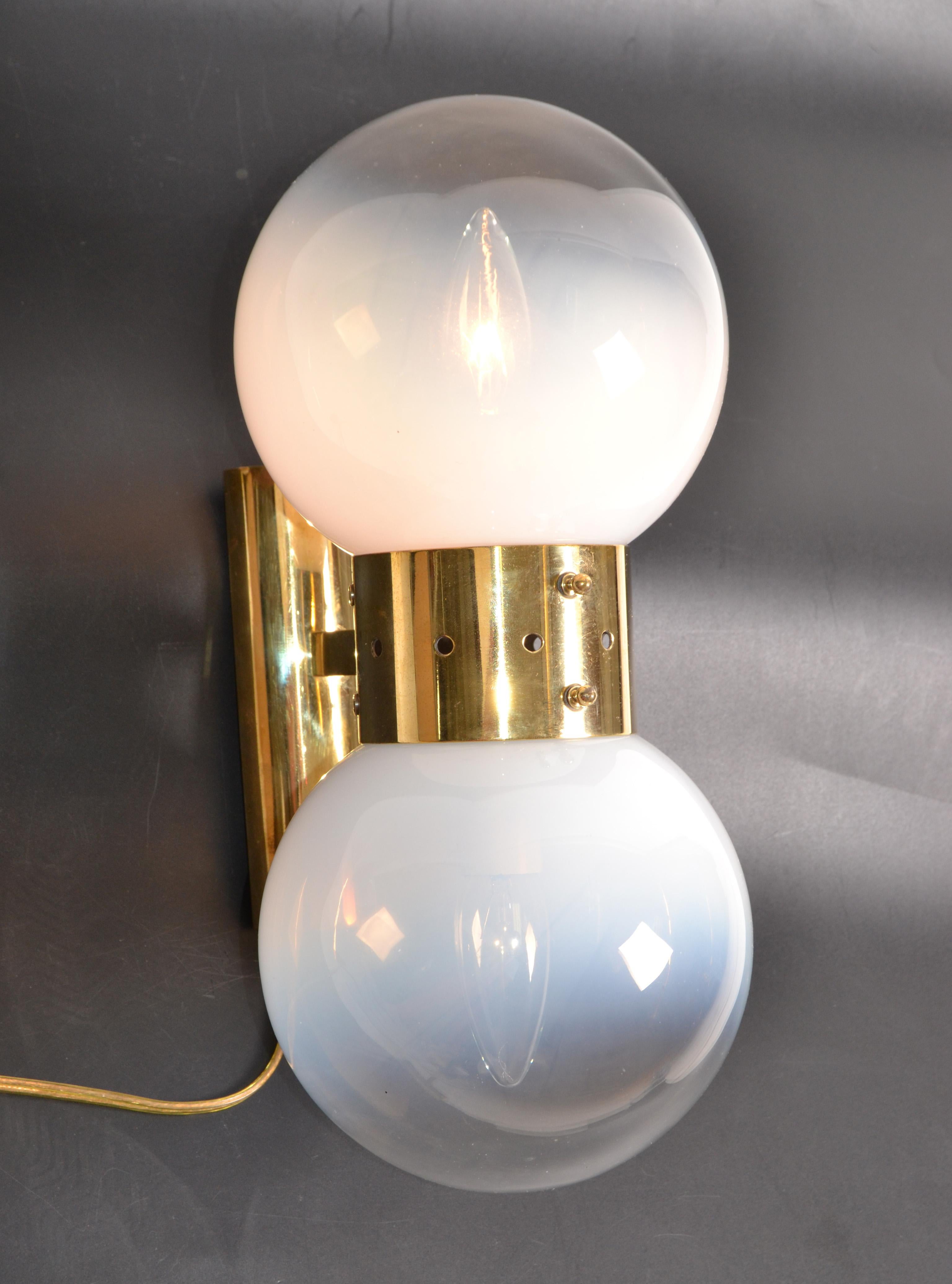 Italian Vintage Brass and Two Light Blown Murano Glass Sconces Made in Italy For Sale