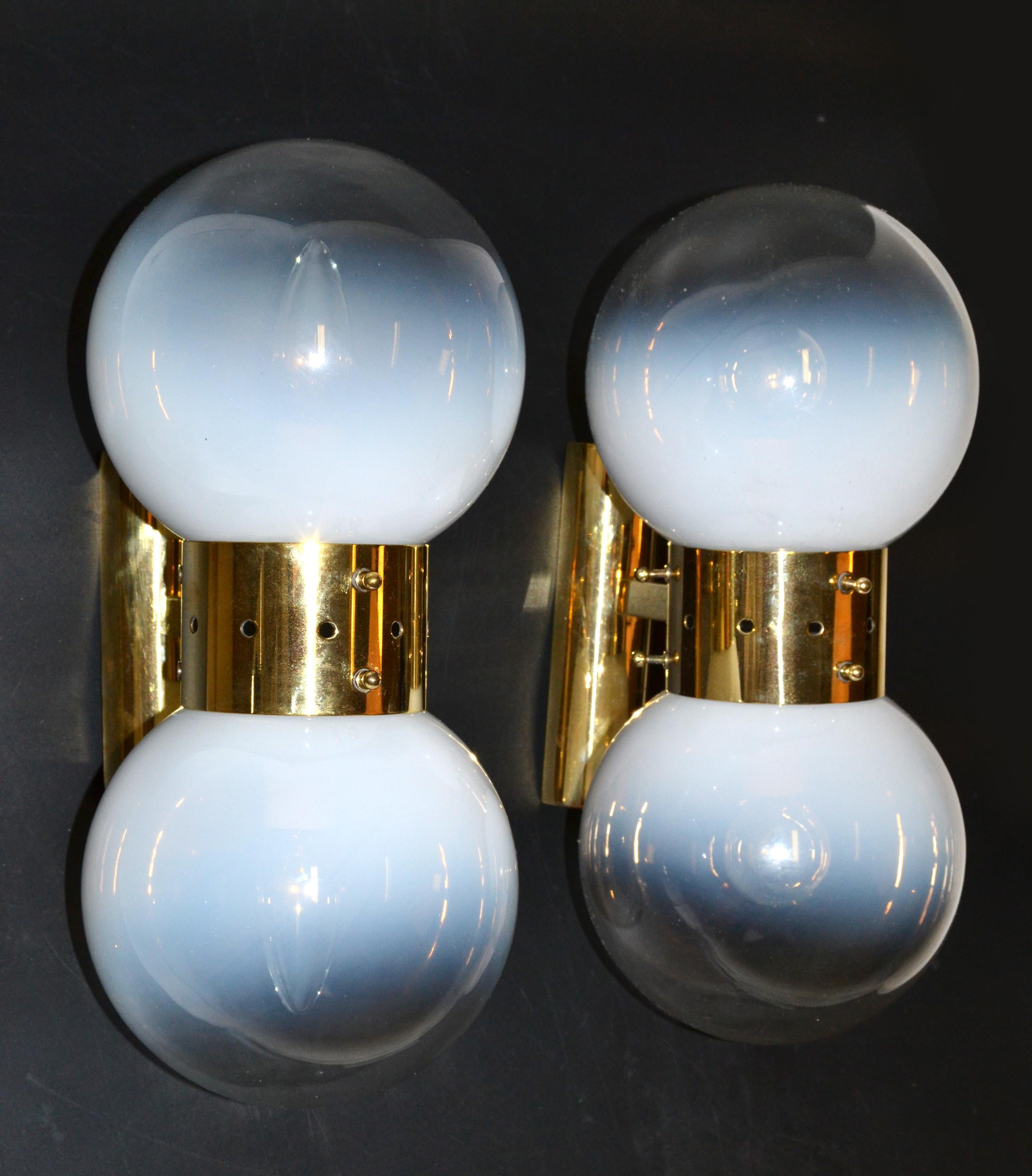Late 20th Century Vintage Brass and Two Light Blown Murano Glass Sconces Made in Italy For Sale