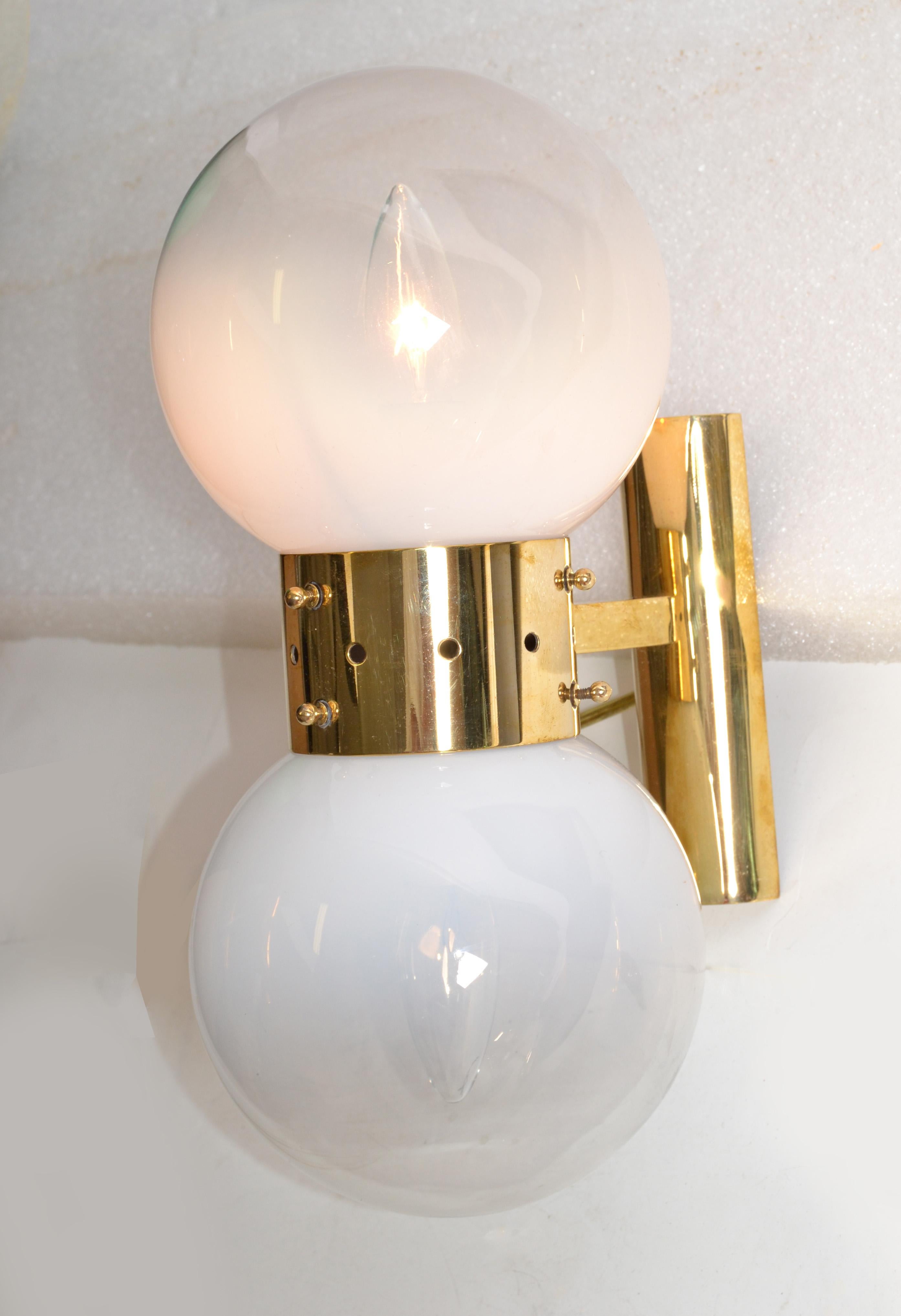 Blown Glass Vintage Brass and Two Light Blown Murano Glass Sconces Made in Italy For Sale