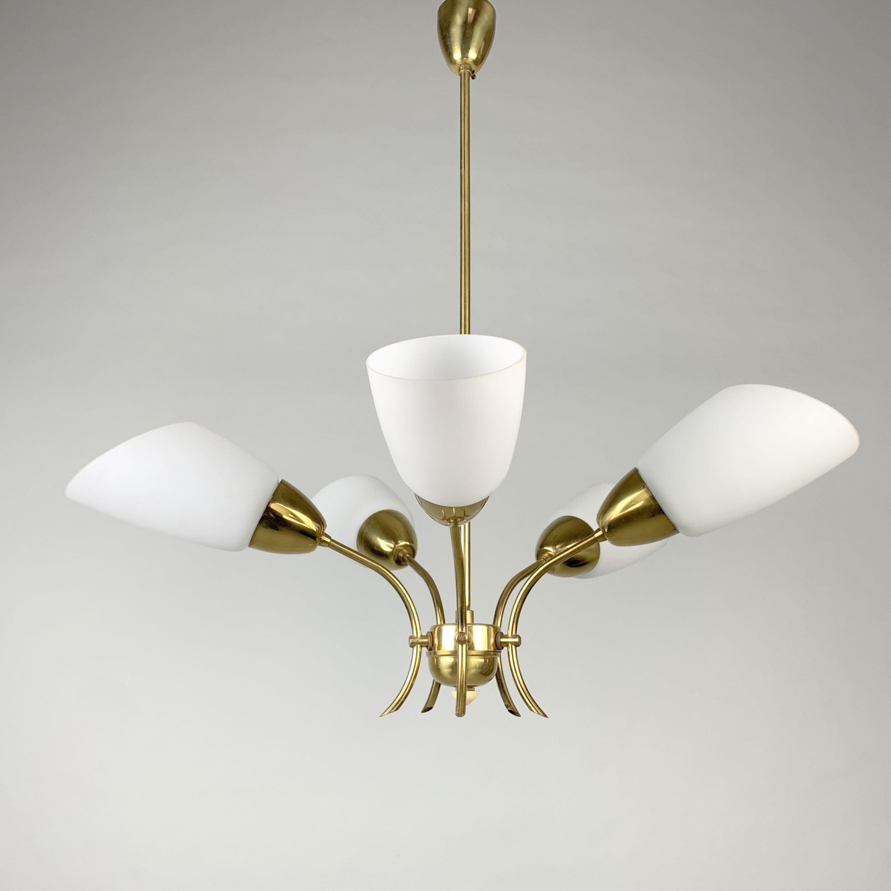 Vintage brass and white glass, five-arm chandelier from former Czechoslovakia. Very good original condition.