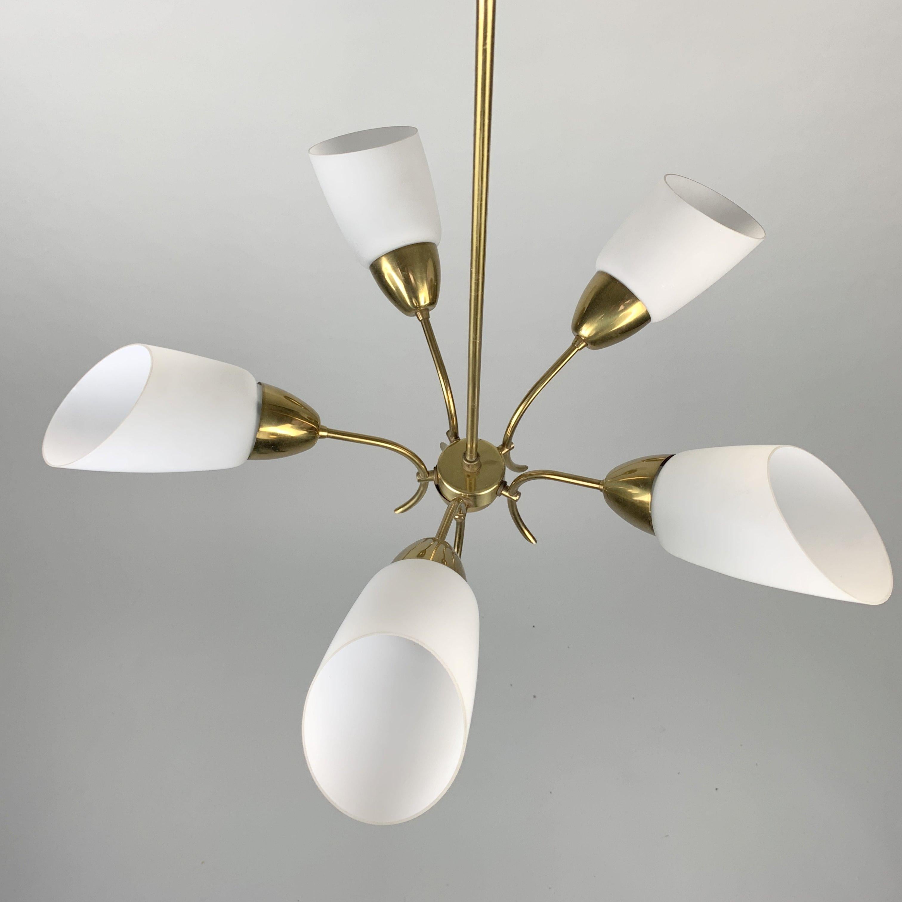 Mid-Century Modern Vintage Brass and White Glass Chandelier, 1980s For Sale