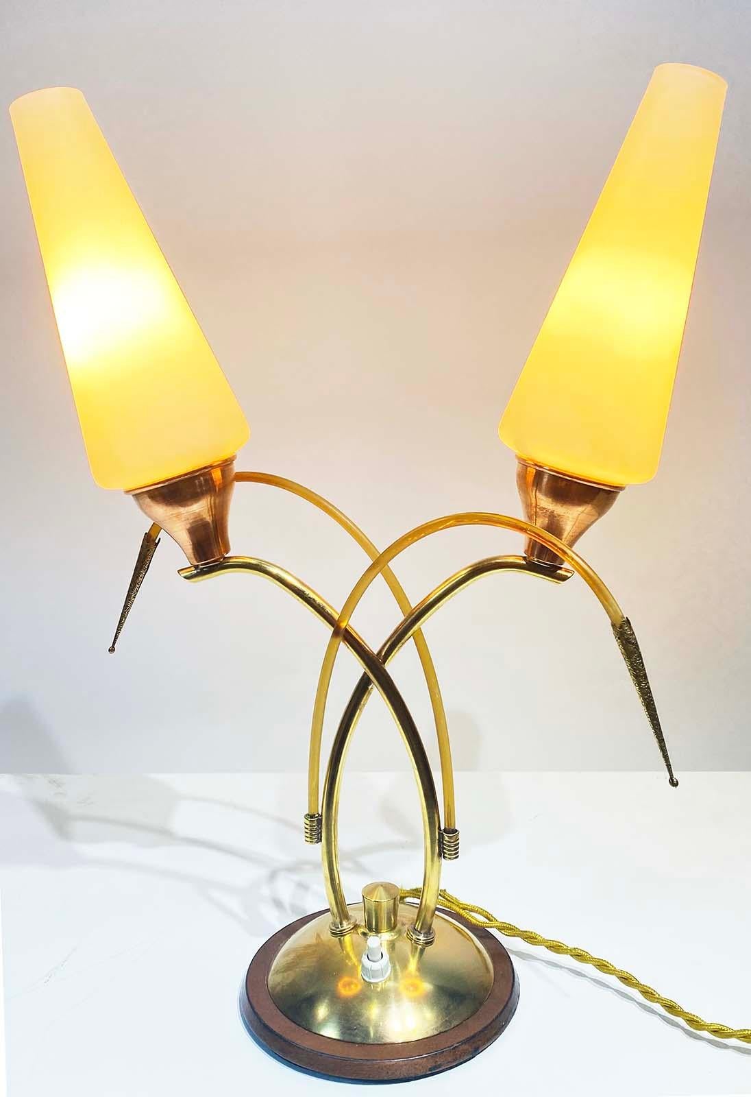 Art Deco Vintage Brass and White Opaline Table Lamp, circa 1950 For Sale
