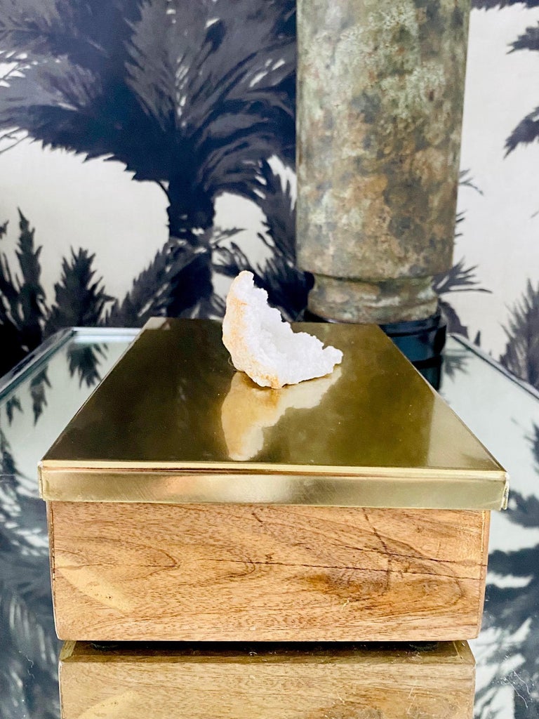 Vintage Brass and Wood Decorative Box with Large Quartz Crystal Stone, Brazil For Sale 3