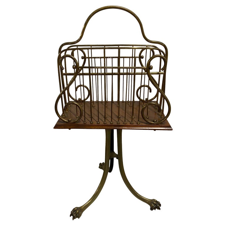Vintage Brass and Wood Magazine Rack For Sale at 1stDibs