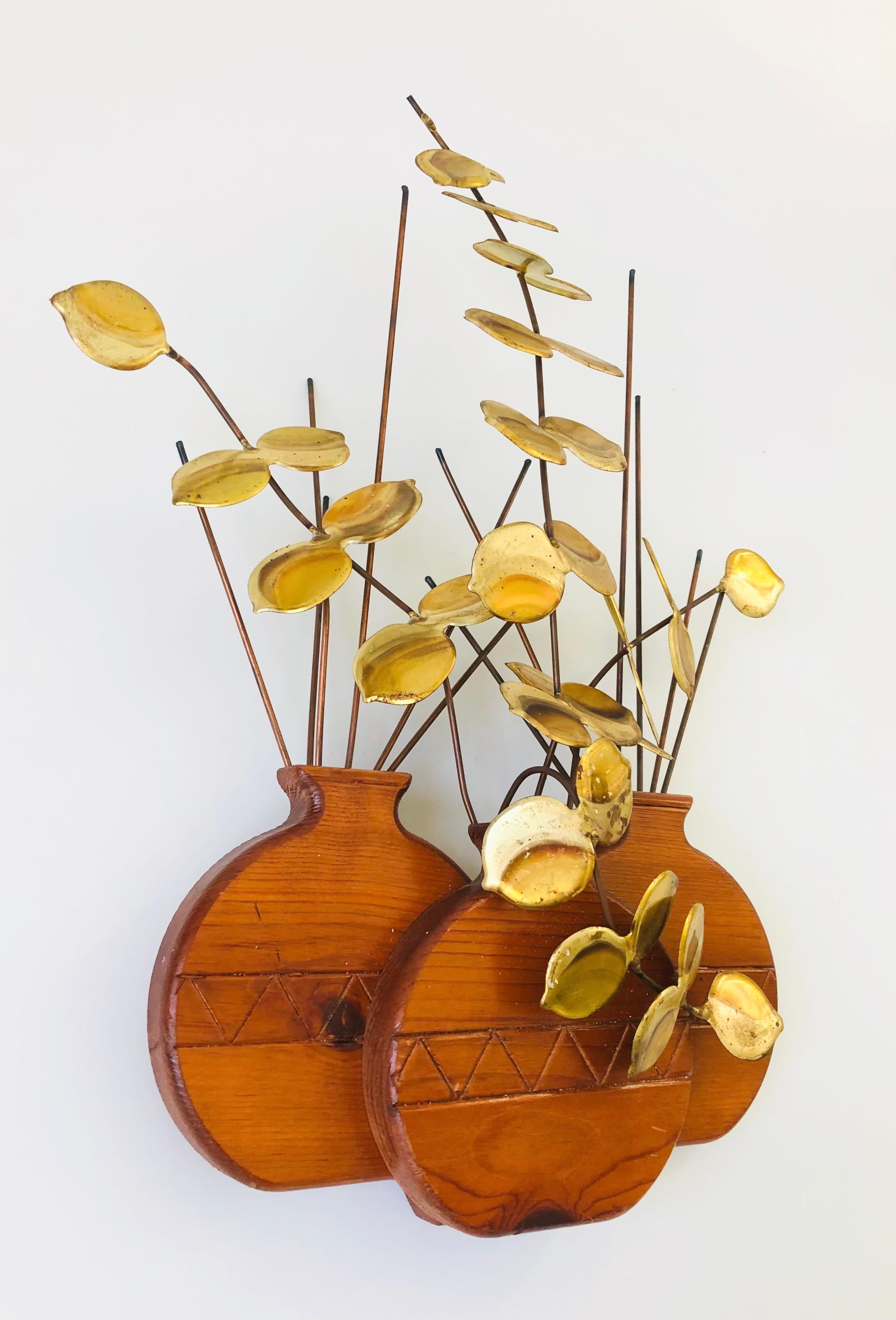 Vintage Brass and Wood Vase Wall Hanging at 1stDibs
