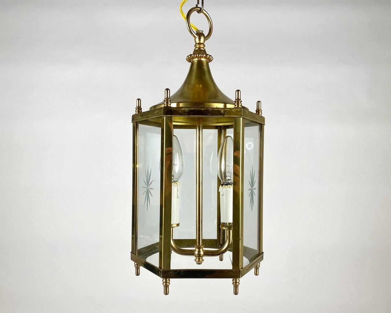 French Vintage Brass Art Deco Lantern with Glass, France, 1970s For Sale