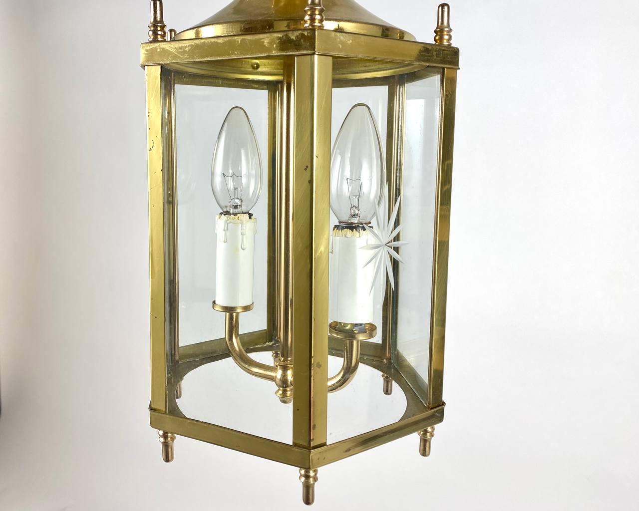 Late 20th Century Vintage Brass Art Deco Lantern with Glass, France, 1970s For Sale