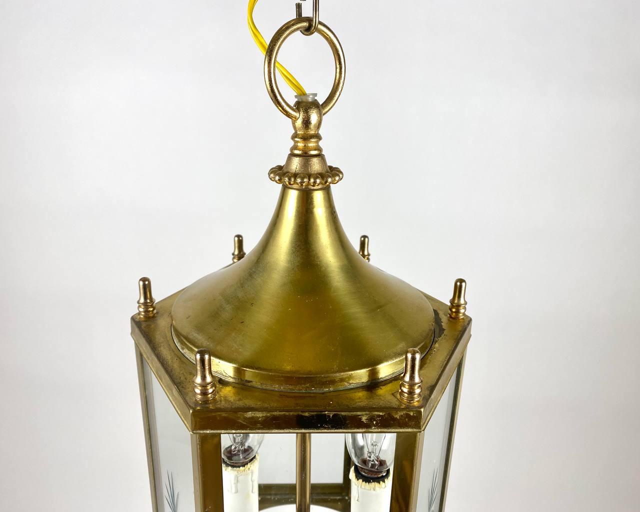 Vintage Brass Art Deco Lantern with Glass, France, 1970s For Sale 1
