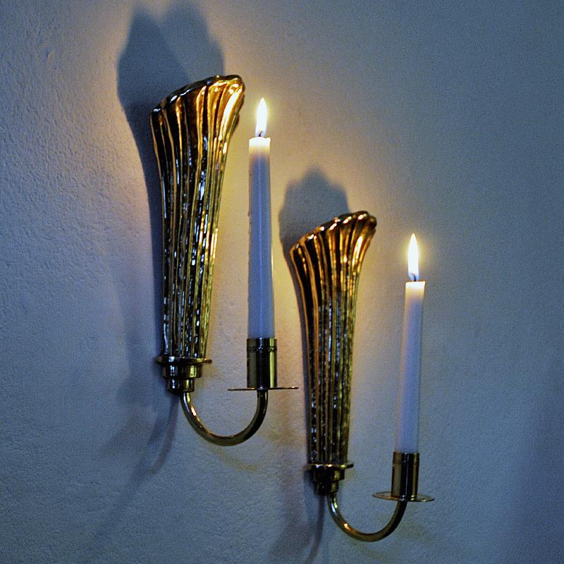Scandinavian Modern Vintage Brass Art Deco Wall Candleholder Pair by Lars Holmström 1960s, Sweden