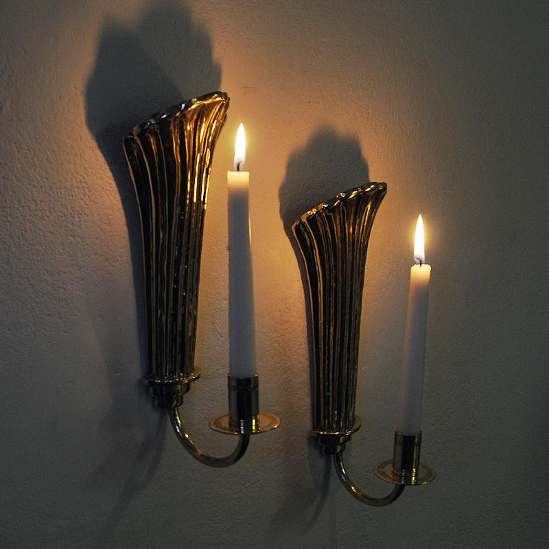 Polished Vintage Brass Art Deco Wall Candleholder Pair by Lars Holmström 1960s, Sweden