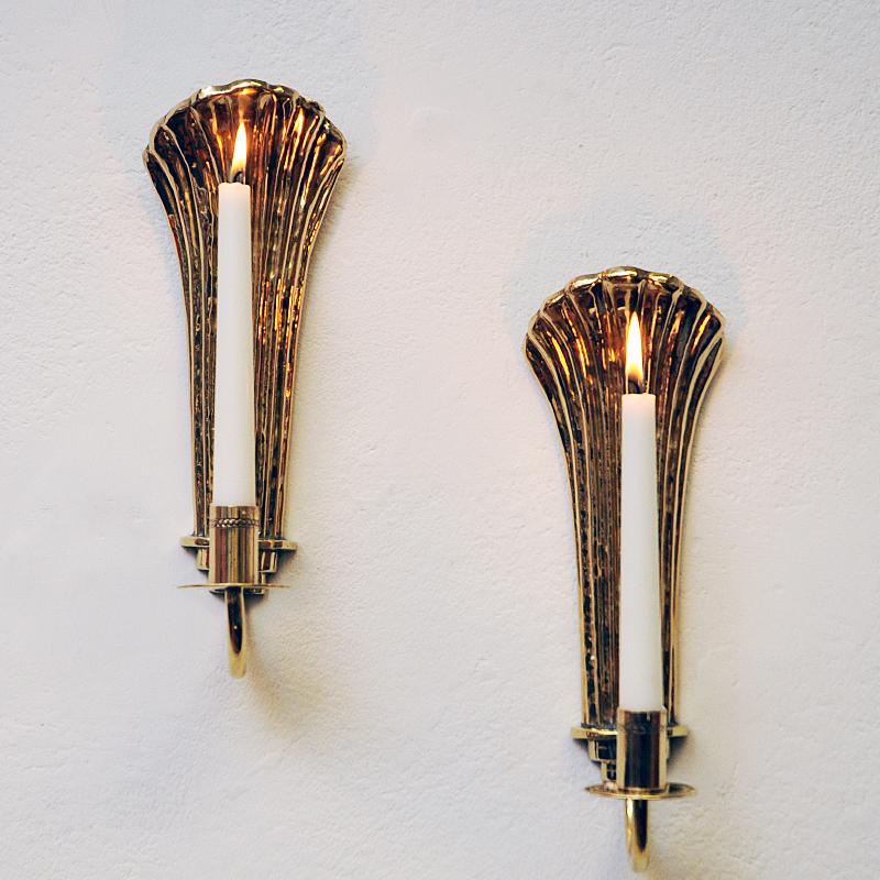 Mid-20th Century Vintage Brass Art Deco Wall Candleholder Pair by Lars Holmström 1960s, Sweden