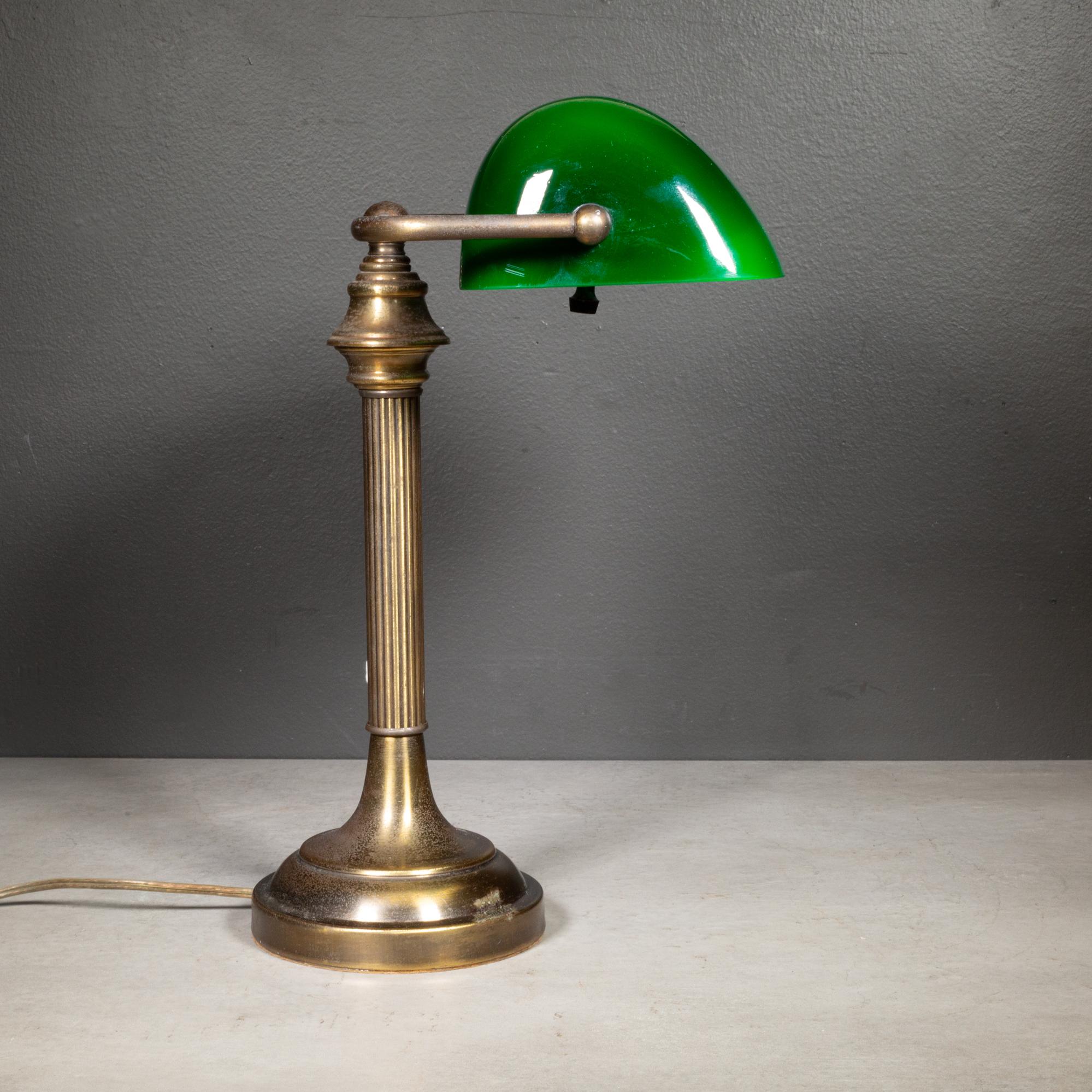 Industrial Vintage Brass Banker's Lamp with Green Glass Shade c.1950-1970
