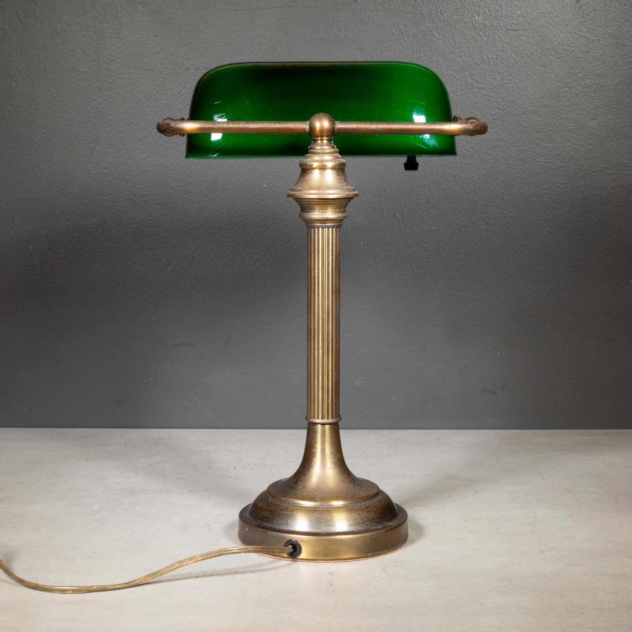 20th Century Vintage Brass Banker's Lamp with Green Glass Shade c.1950-1970