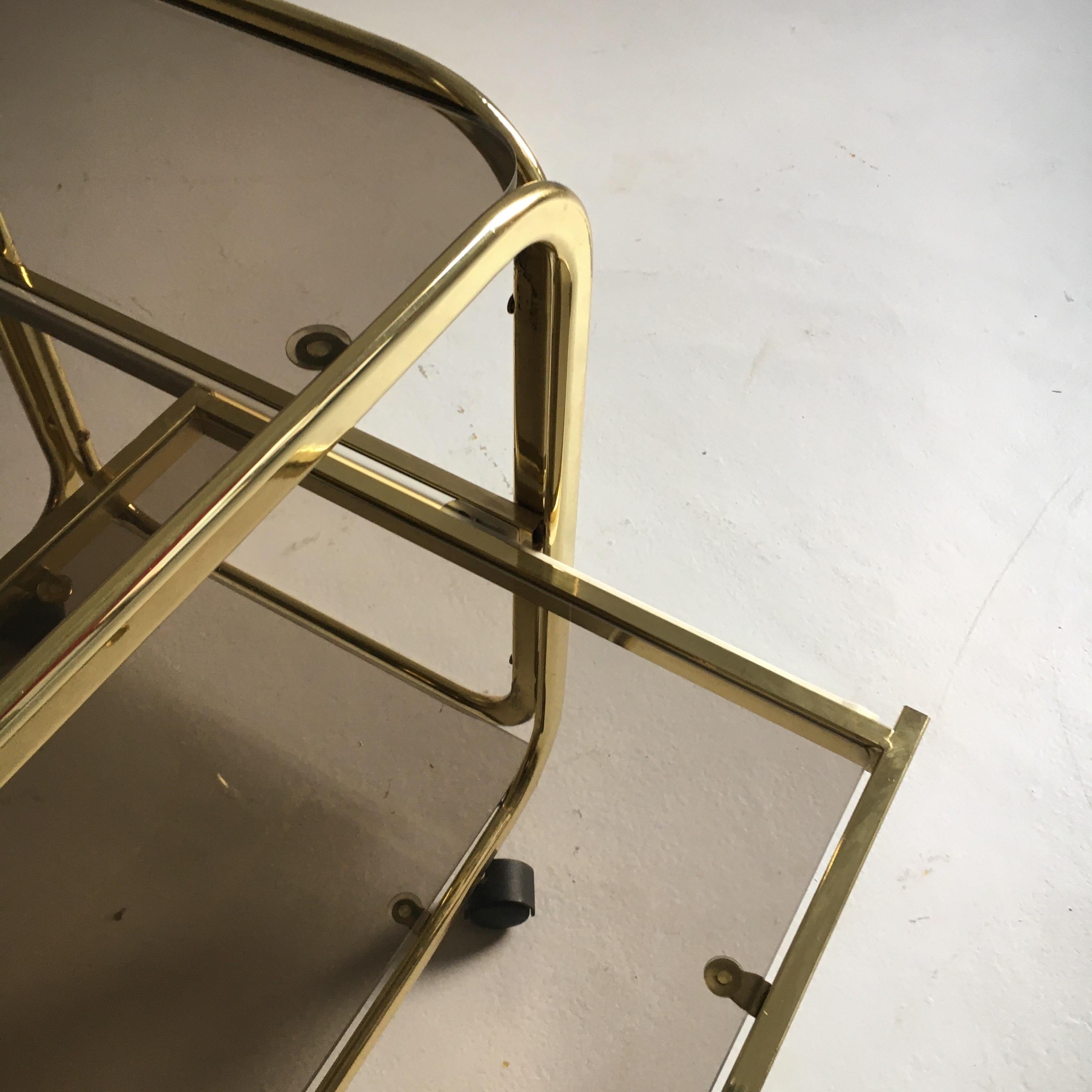 Vintage Brass Plated Bar Cart Table Brown Smoked Glass Plates by Morex, 1970s For Sale 5